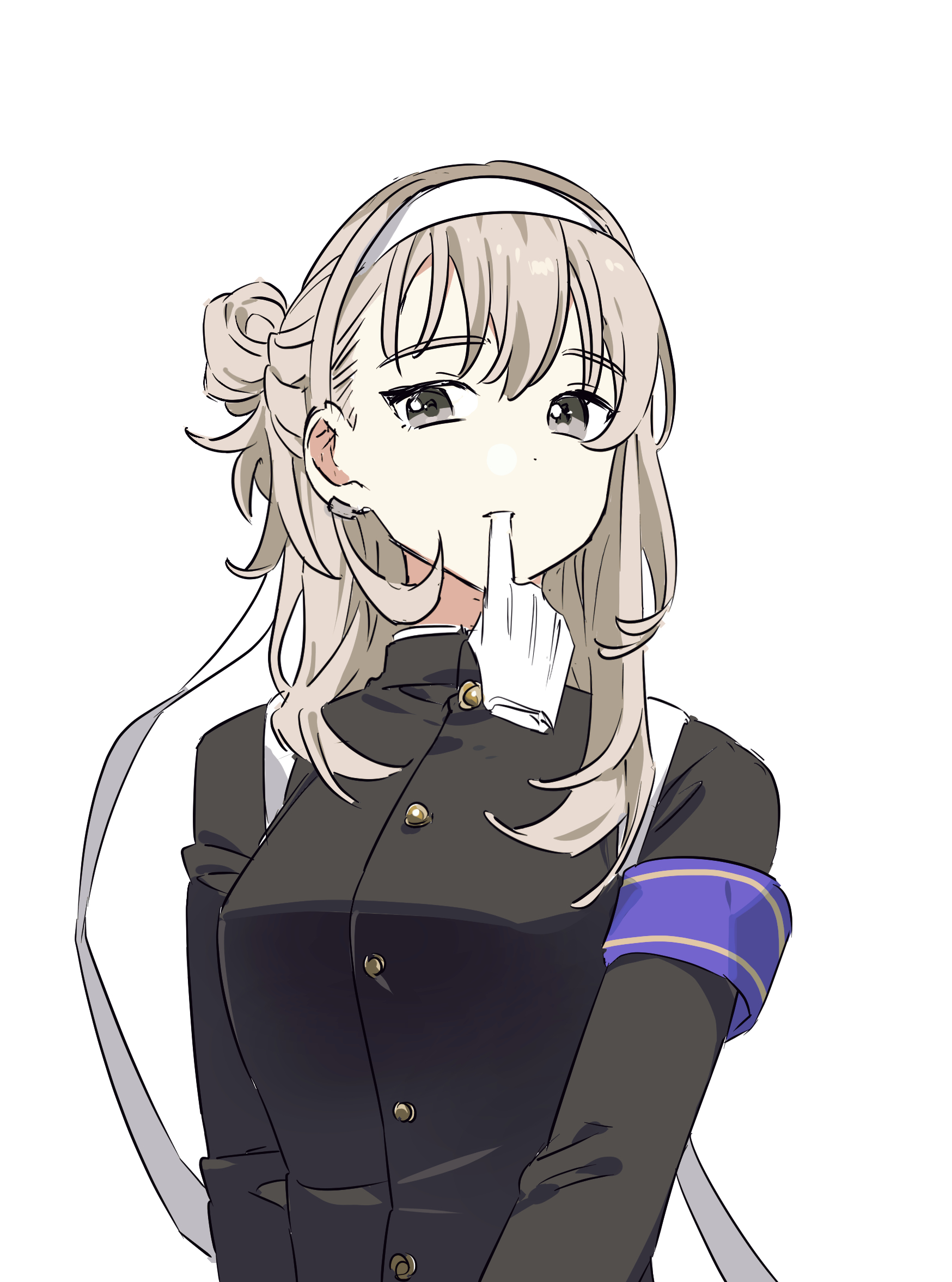 habsida (habsida hpy), kawaragi momoka, girls band cry, commentary request, highres, 1girl, armband, black jacket, earclip, gakuran, glove in mouth, gloves, grey eyes, grey hair, hair up, hairband, jacket, long hair, looking at viewer, mouth hold, purple armband, school uniform, simple background, solo, upper body, white background, white gloves, white hairband