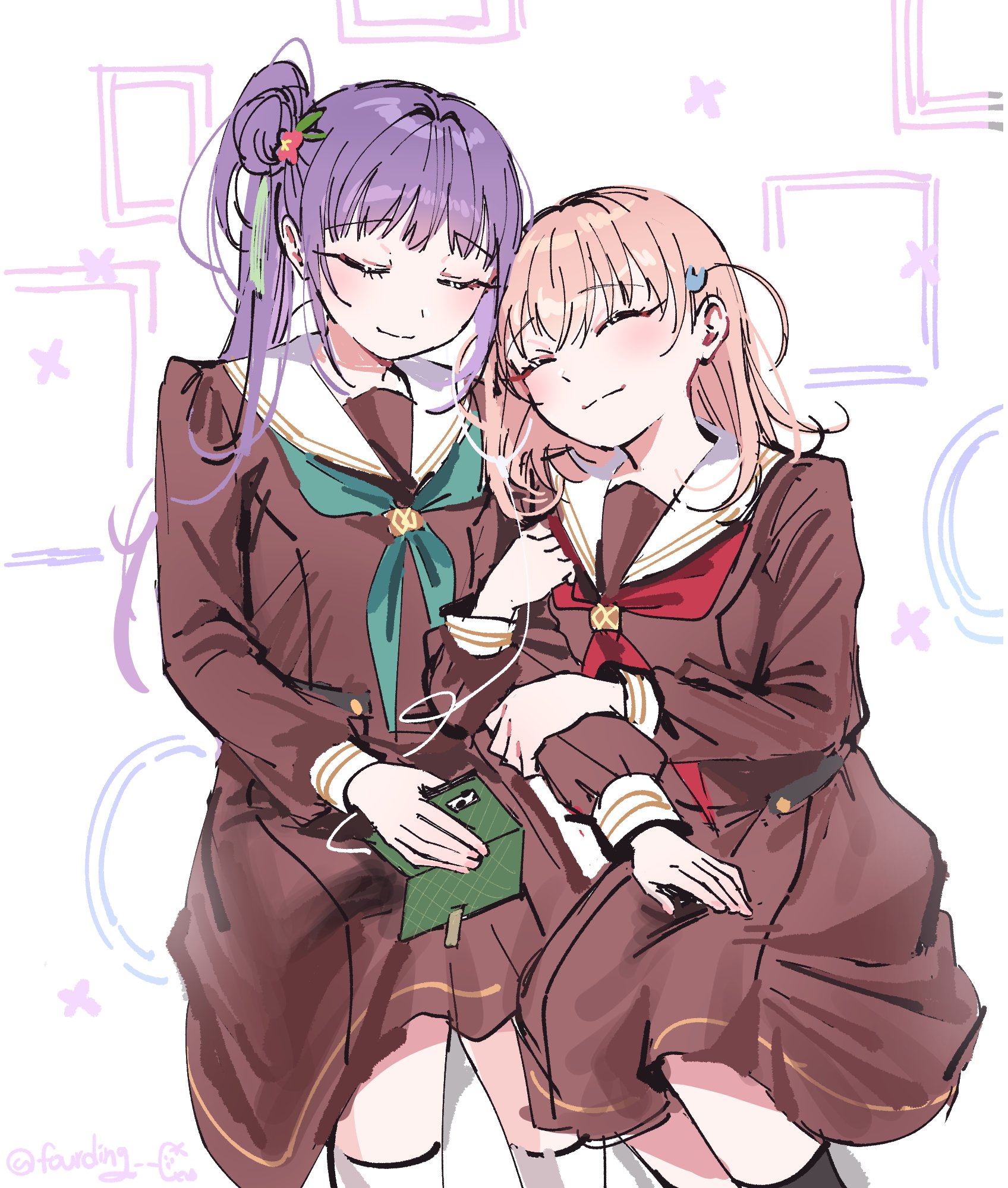 4ding, hinoshita kaho, otomune kozue, link! like! love live!, love live!, commentary request, highres, 2girls, ^ ^, aqua neckerchief, arm hug, black socks, blue background, blush, brown dress, cellphone, cerise bouquet, closed eyes, closed mouth, dress, hair bun, hair intakes, hair ornament, hasu no sora school uniform, holding, holding phone, long hair, long sleeves, medium dress, medium hair, multiple girls, neckerchief, orange hair, phone, pleated dress, purple background, purple hair, rabbit hair ornament, red neckerchief, sailor collar, sailor dress, school uniform, side ponytail, sidelocks, single side bun, sitting, smartphone, smile, socks, split mouth, twitter username, two side up, u u, virtual youtuber, white sailor collar, white socks, winter uniform, yuri