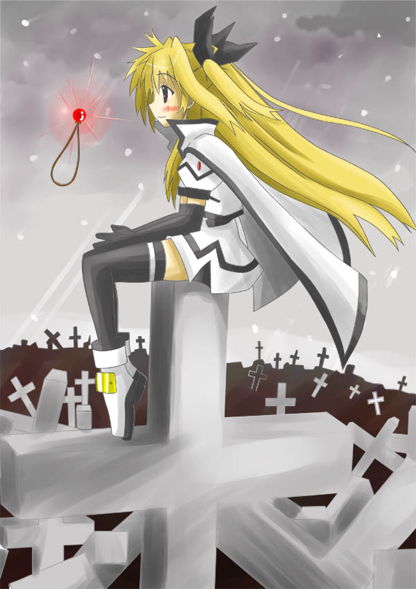 fate testarossa, raising heart, raising heart (standby mode), lyrical nanoha, mahou shoujo lyrical nanoha, mahou shoujo lyrical nanoha a's, 00s, 1girl, blonde hair, elbow gloves, female focus, gloves, long hair, red eyes, solo, thighhighs, zettai ryouiki