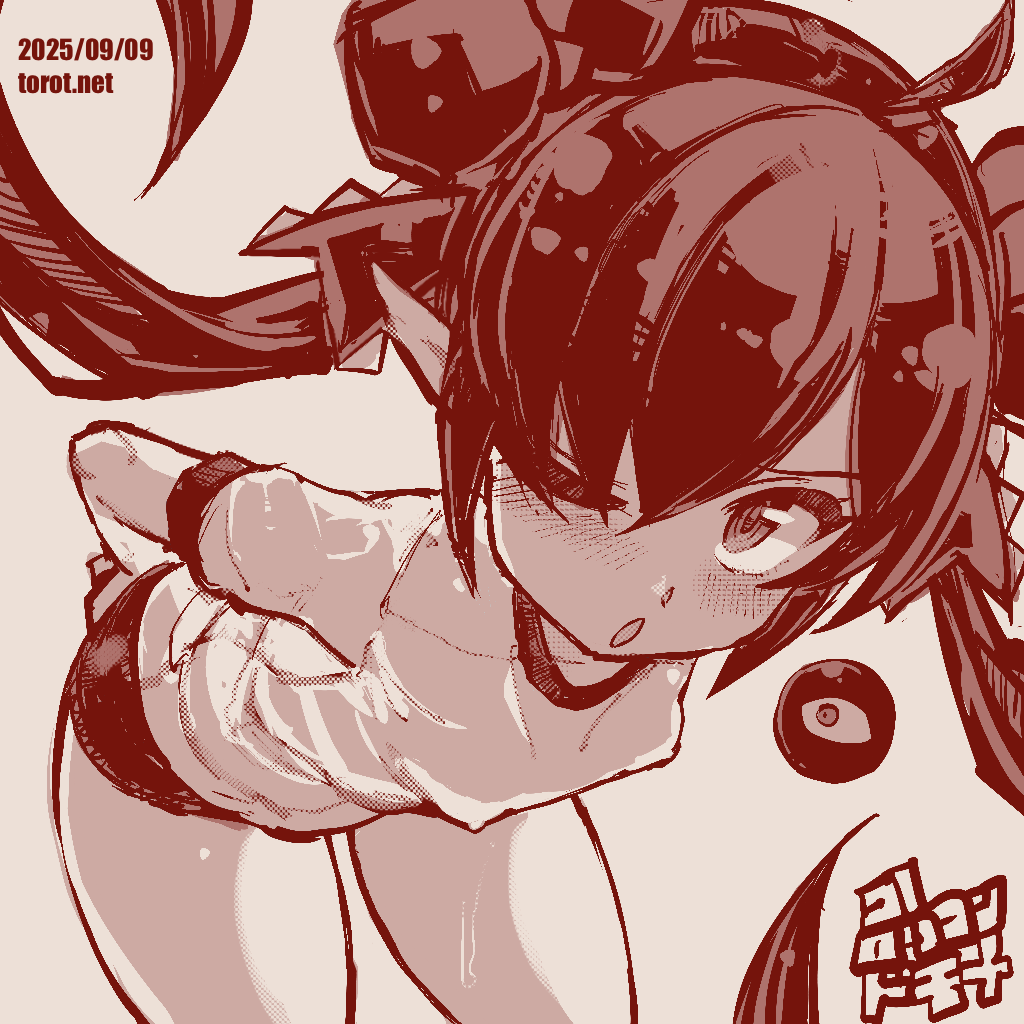 torotei, backbeako (torotei), backbeard, gegege no kitarou, original, commentary, paid reward available, translated, 1girl, ;o, ahoge, bent over, blush, breasts, buruma, covered erect nipples, dated, dated commentary, gym shirt, gym uniform, hair over one eye, hair ribbon, hand on own ass, kono lolicon domome, long hair, looking at viewer, monochrome, one eye closed, open mouth, pointy ears, red theme, ribbon, shirt, simple background, small breasts, solo, sweat, twintails, watermark, web address, white background
