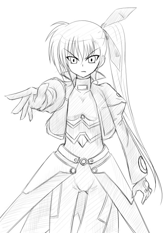 vivio, lyrical nanoha, mahou shoujo lyrical nanoha, mahou shoujo lyrical nanoha strikers, 00s, greyscale, long hair, monochrome, ponytail, side ponytail, sketch, solo