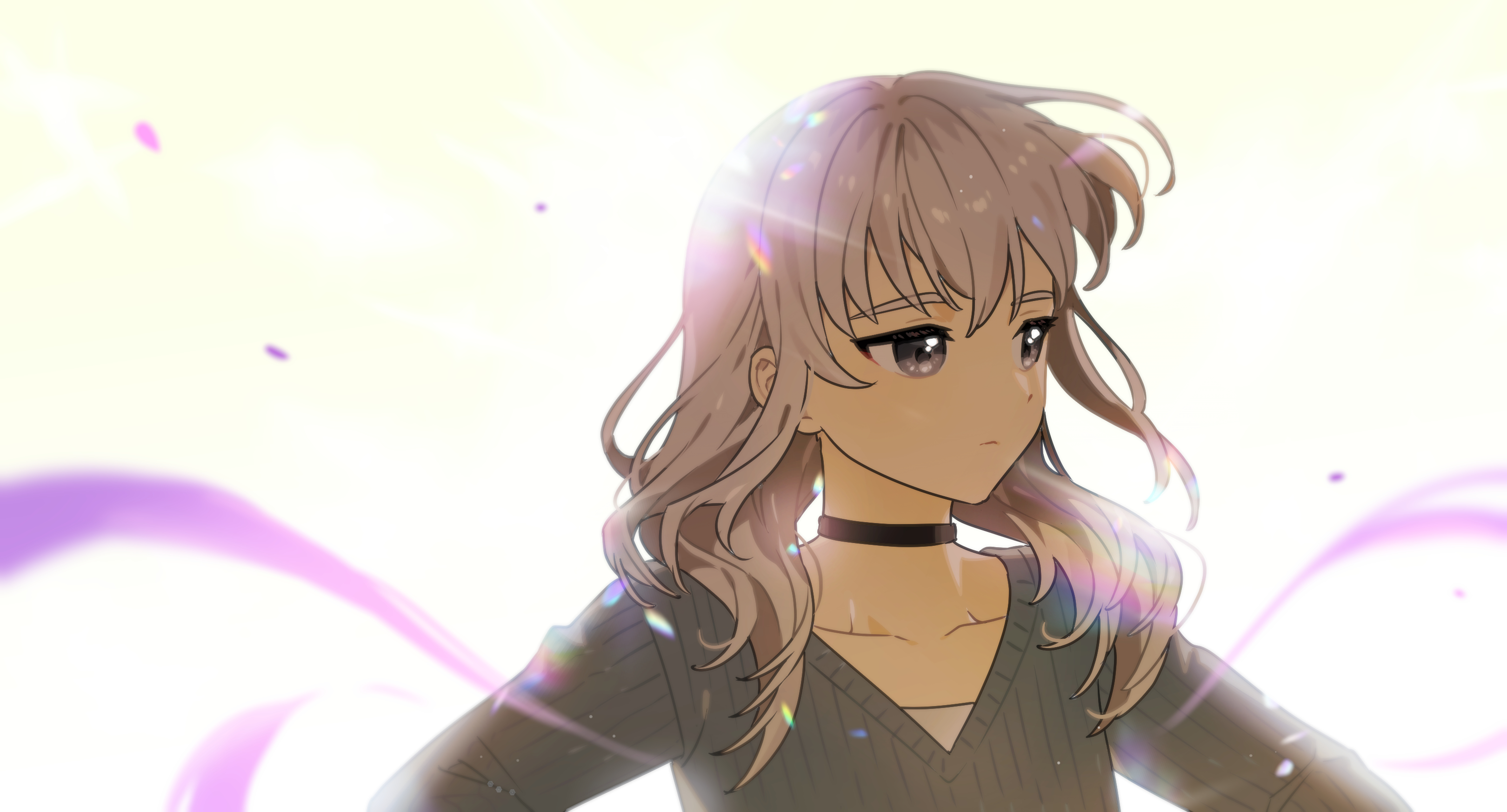 habsida (habsida hpy), kawaragi momoka, girls band cry, absurdres, commentary request, highres, 1girl, backlighting, black choker, choker, closed mouth, grey eyes, grey hair, grey sweater, long hair, long sleeves, purple ribbon, ribbon, solo, sweater, upper body