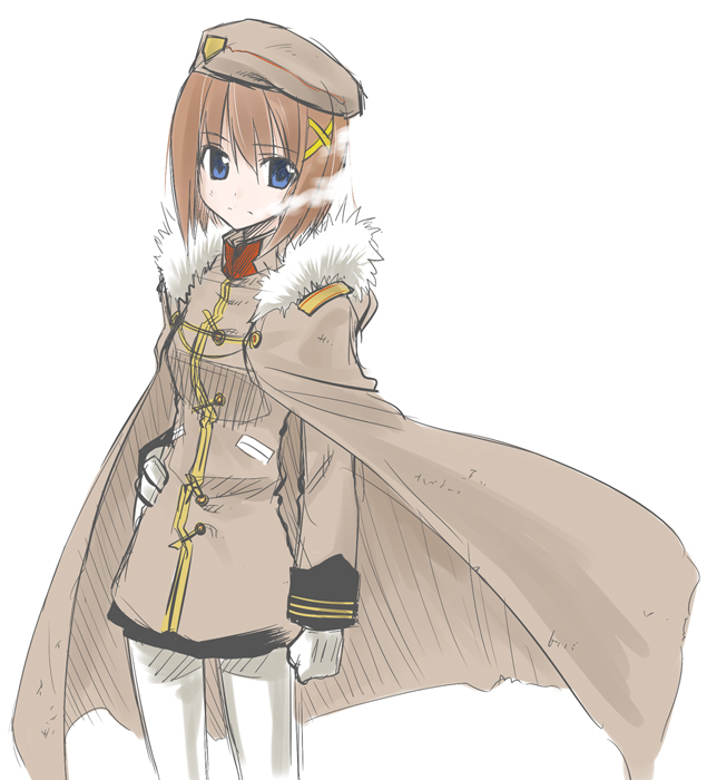 himura kiseki, yagami hayate, lyrical nanoha, mahou shoujo lyrical nanoha, mahou shoujo lyrical nanoha strikers, 00s, 1girl, beret, blue eyes, brown hair, cloak, female focus, fur trim, hair ornament, hat, military, military uniform, solo, x hair ornament