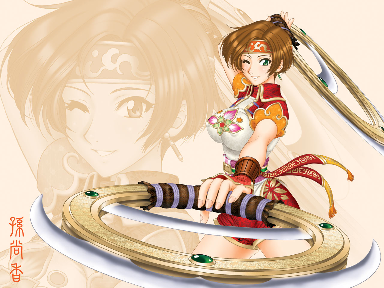 momoya show-neko, sun shang xiang (shin sangoku musou), shin sangoku musou, 1girl, arm up, breasts, brown hair, chakram, character name, chinese clothes, covered erect nipples, cowboy shot, dual wielding, earrings, female focus, foreshortening, from side, gem, green eyes, grin, headband, holding, holding weapon, jewelry, legs apart, looking at viewer, obi, one eye closed, outstretched arm, ring, sangokumuso, sash, short hair, short shorts, short sleeves, shorts, smile, solo, thighs, turtleneck, weapon, windfire wheel, wink, zoom layer
