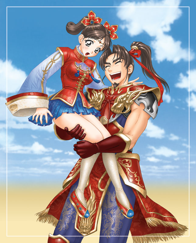 momoya show-neko, da qiao (shin sangoku musou), sun ce (shin sangoku musou), shin sangoku musou, 1boy, 1girl, :d, :o, blue eyes, blue sky, blush, brown hair, cowboy shot, day, full body, grey socks, kneehighs, lifting person, open mouth, outdoors, ponytail, sky, smile, socks, surprised, tareme