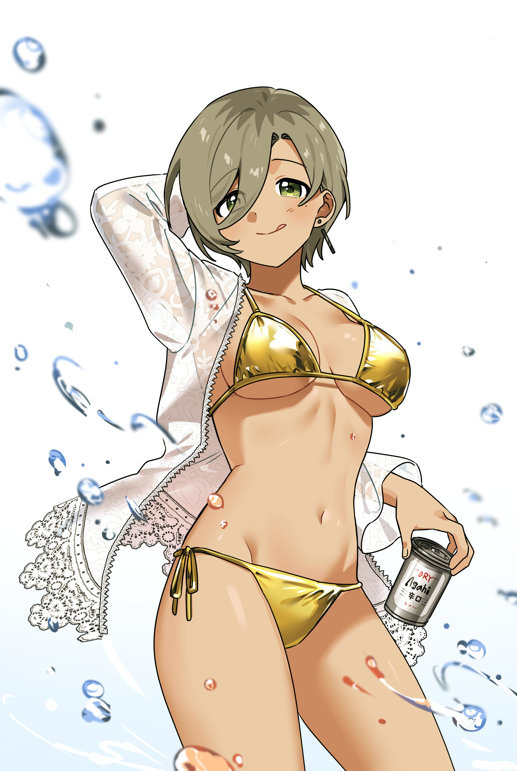 habsida (habsida hpy), rupa (girls band cry), asahi breweries, girls band cry, absurdres, commentary request, highres, 1girl, arm up, beer can, bikini, breasts, can, closed mouth, dark-skinned female, dark skin, drink can, earrings, gold bikini, green eyes, grey hair, holding, holding can, jacket, jewelry, large breasts, licking lips, looking at viewer, multicolored hair, navel, open clothes, open jacket, roots (hair), short hair, simple background, solo, splashing, swimsuit, tongue, tongue out, white background, white jacket