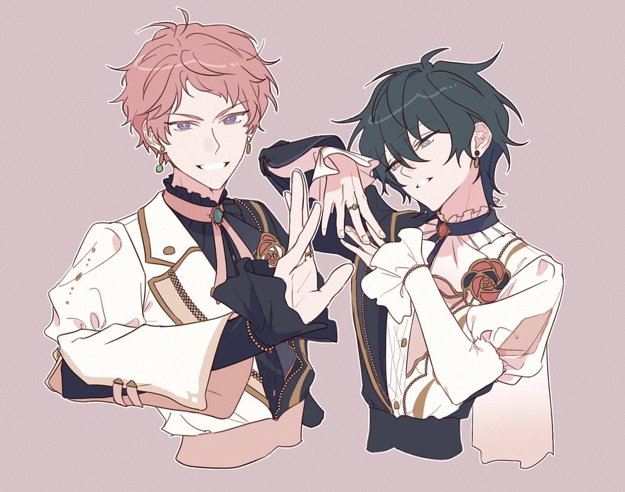 seogil, itsuki shu, kagehira mika, ensemble stars!, commentary, highres, 2boys, black hair, blue eyes, bright pupils, earrings, fingernails, flower, hair between eyes, hand up, hands up, heterochromia, jewelry, lapels, le temps des fleurs (ensemble stars!), long sleeves, looking at viewer, male focus, multiple boys, notched lapels, official alternate costume, outstretched hand, parted lips, pink hair, purple eyes, ring, short bangs, short hair, simple background, smile, upper body, valkyrie (ensemble stars!), white pupils, yellow eyes