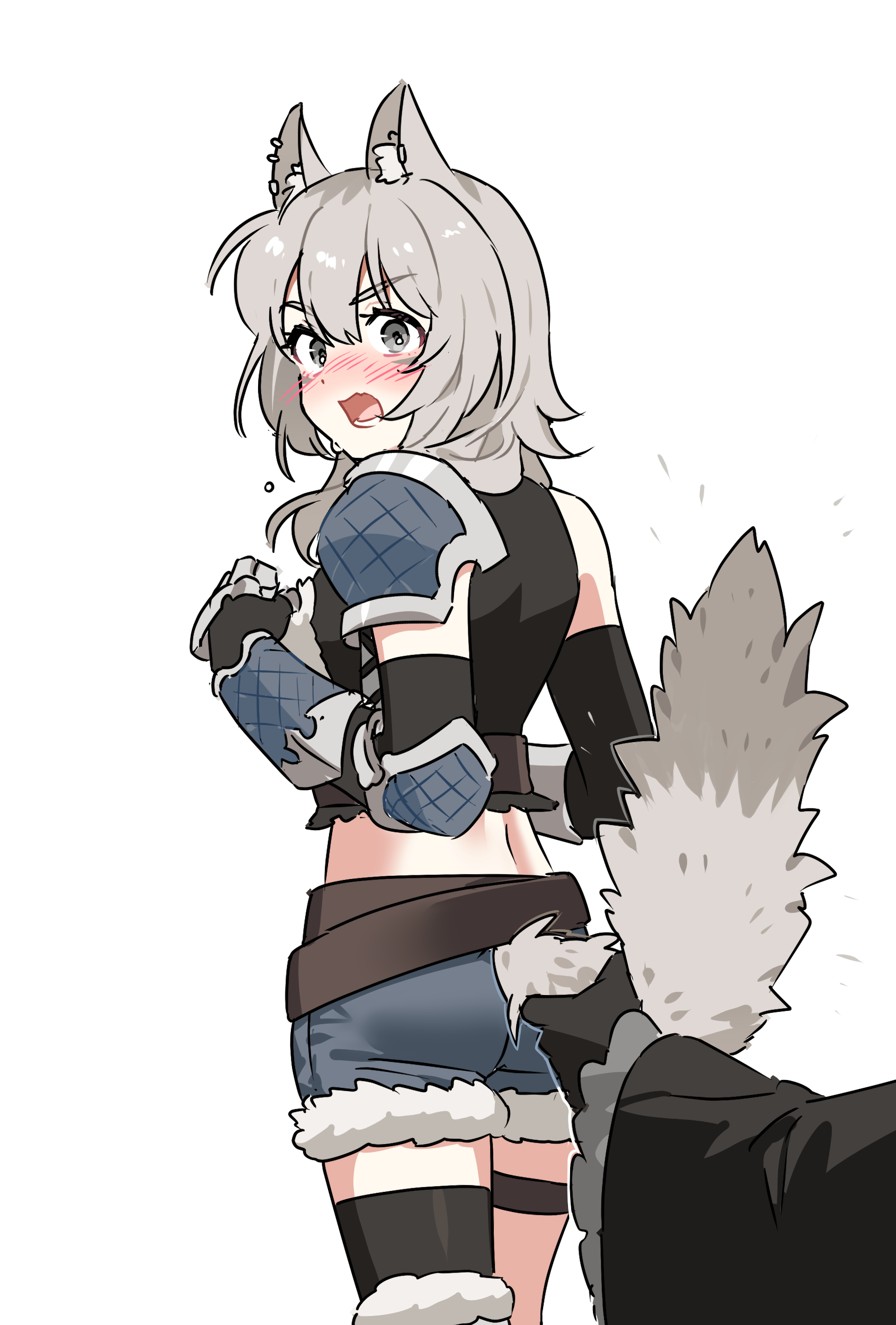 habsida (habsida hpy), iseri nina, kawaragi momoka, girls band cry, absurdres, commentary request, highres, 2girls, animal ears, armor, belt, black gloves, black shirt, black thighhighs, blue shorts, blush, crop top, fur-trimmed shorts, fur trim, girls band cry rpg, gloves, grabbing another's tail, grey eyes, grey hair, kemonomimi mode, long hair, looking at viewer, multiple girls, open mouth, shirt, shorts, simple background, single thighhigh, tail, thigh strap, thighhighs, white background, wolf ears, wolf girl, wolf tail, yuri