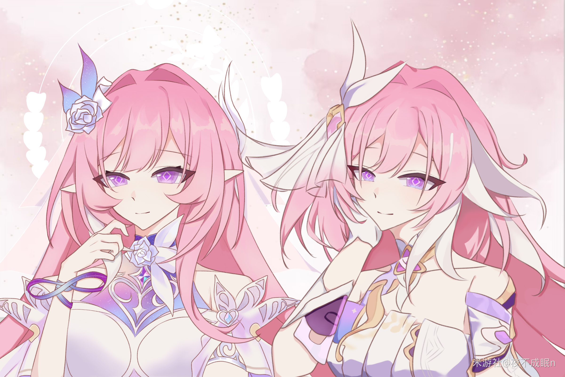 cyrene (honkai: star rail), elysia (herrscher of human: ego) (honkai impact), elysia (honkai impact), inoue marina, honkai: star rail, honkai (series), honkai impact 3rd, chinese commentary, commentary request, highres, 2girls, bare shoulders, breasts, color connection, company connection, corset, diamond-shaped pupils, diamond (shape), dress, elf, flower, gloves, hair color connection, hair flower, hair ornament, hand on own cheek, hand on own face, large breasts, long hair, miyoushe watermark, multicolored hair, multiple girls, pink hair, pointy ears, purple eyes, smile, symbol-shaped pupils, triquetra, two-tone hair, upper body, very long hair, voice actor connection, watermark, white corset, white dress, white gloves, white hair, yanning, ye bu chengmian nye bu chengmian n
