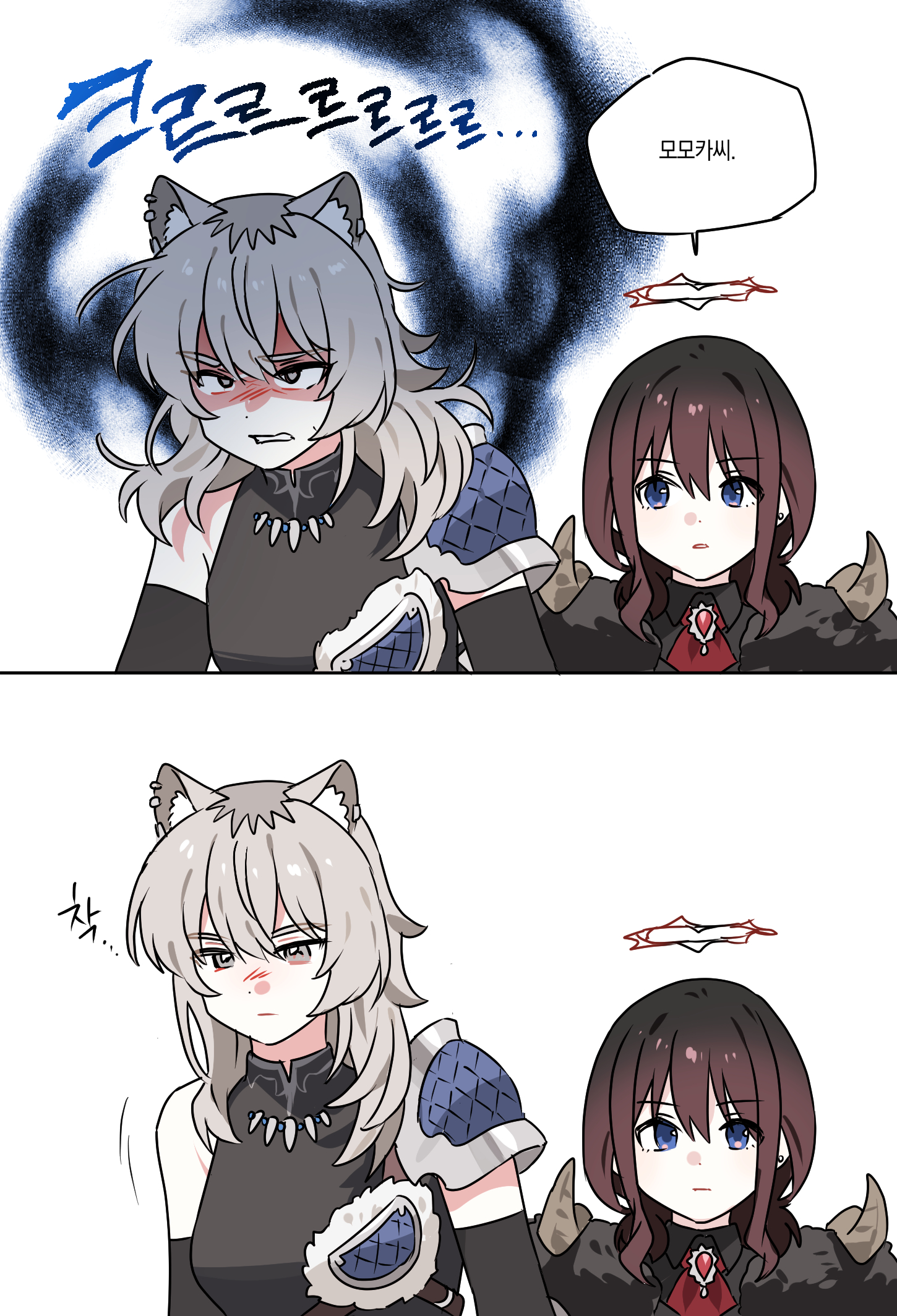habsida (habsida hpy), iseri nina, kawaragi momoka, girls band cry, commentary request, highres, translation request, 2girls, animal ears, armor, ascot, black cape, black shirt, blue eyes, cape, clenched teeth, collared shirt, girls band cry rpg, grey hair, growling, halo, jewelry, kemonomimi mode, korean text, long hair, multicolored hair, multiple girls, necklace, parted lips, pauldrons, red ascot, roots (hair), shirt, shoulder armor, simple background, speech bubble, teeth, tooth necklace, white background, wolf ears