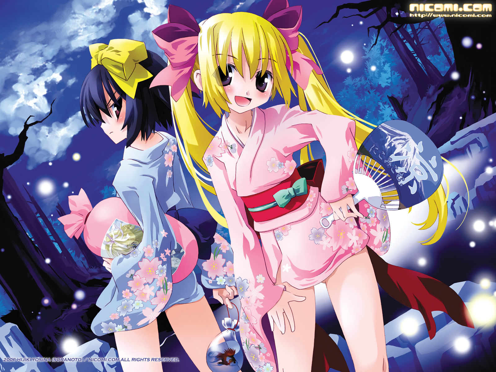 noto (soranoto), original, hand on thigh, highres, scan, 00s, 2006, 2girls, :d, bag, blonde hair, blue hair, blue kimono, blush, brown eyes, dutch angle, fish, floral print, forest, goldfish, hand fan, hand on own hip, hand on own thigh, head tilt, hip focus, japanese clothes, kimono, looking back, multiple girls, nature, open mouth, paper fan, pink kimono, print kimono, profile, purple eyes, ribbon, scowl, short kimono, short yukata, smile, sparkle, stream, uchiwa, yukata