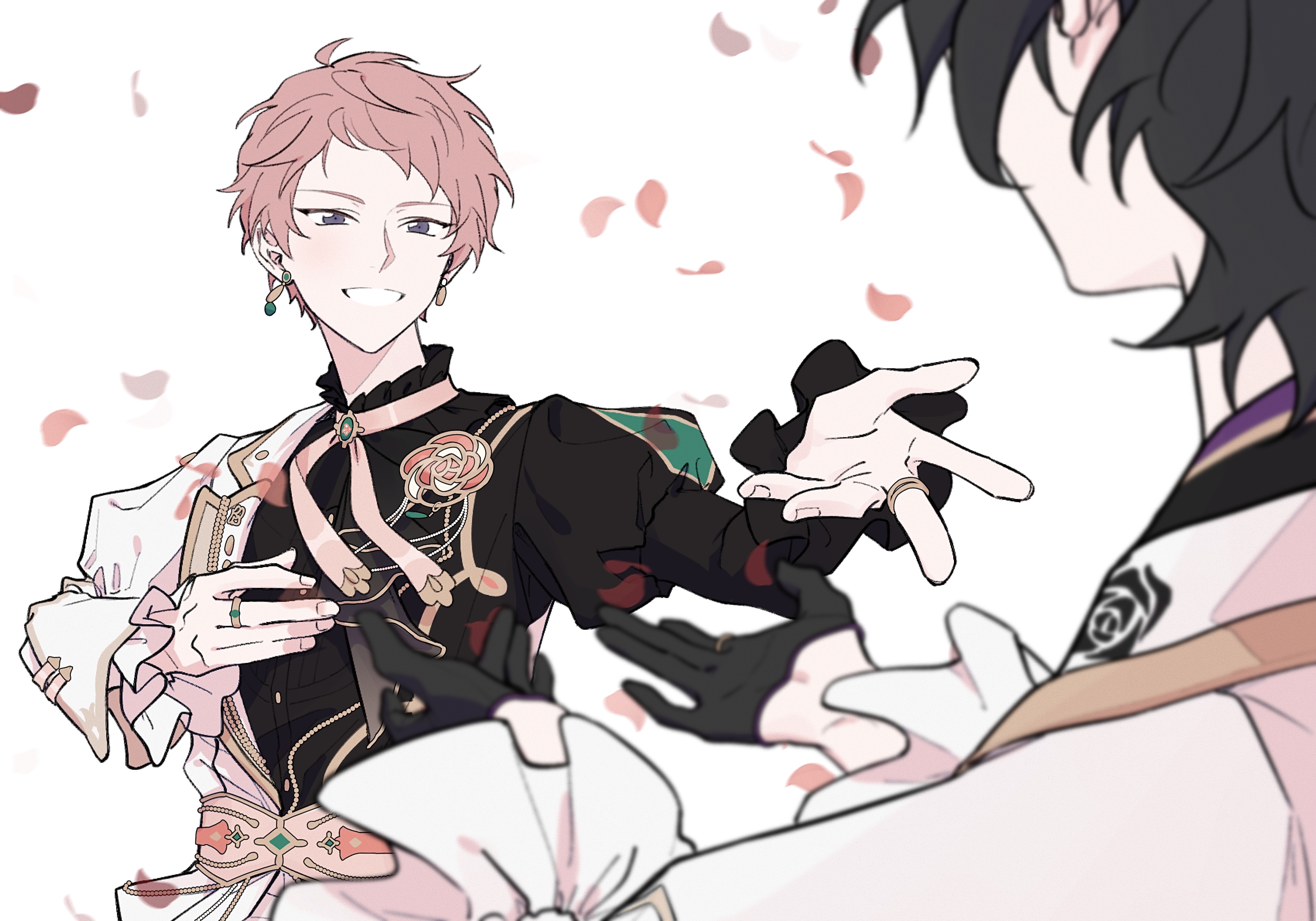 seogil, itsuki shu, kagehira mika, ensemble stars!, absurdres, commentary request, highres, korean commentary, 2boys, black gloves, black hair, earrings, falling petals, fingernails, gloves, hermitage (ensemble stars!), jewelry, lapels, le temps des fleurs (ensemble stars!), long sleeves, male focus, multiple boys, notched lapels, official alternate costume, outstretched arm, outstretched hand, petals, pink eyes, pink hair, ring, short bangs, short hair, smile, upper body, white background