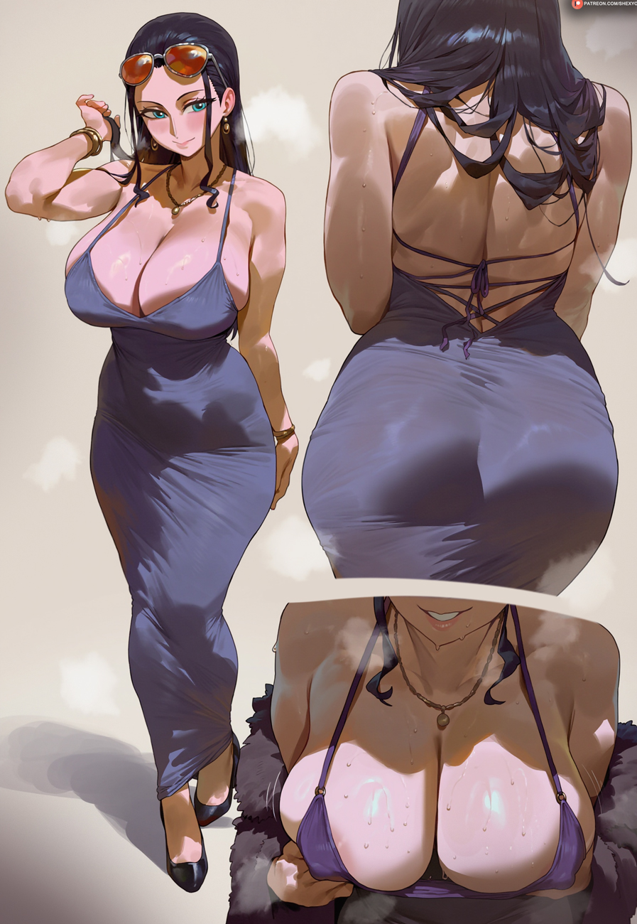 shexyo, nico robin, one piece, highres, 1girl, ass, back, black hair, blue eyes, breasts, cleavage, dongtan dress, dress, earrings, eyewear on head, full body, grabbing own breast, high heels, huge breasts, jewelry, long hair, multiple views, necklace, no bra, pencil dress, solo, strapless, strapless dress, sunglasses, sweat