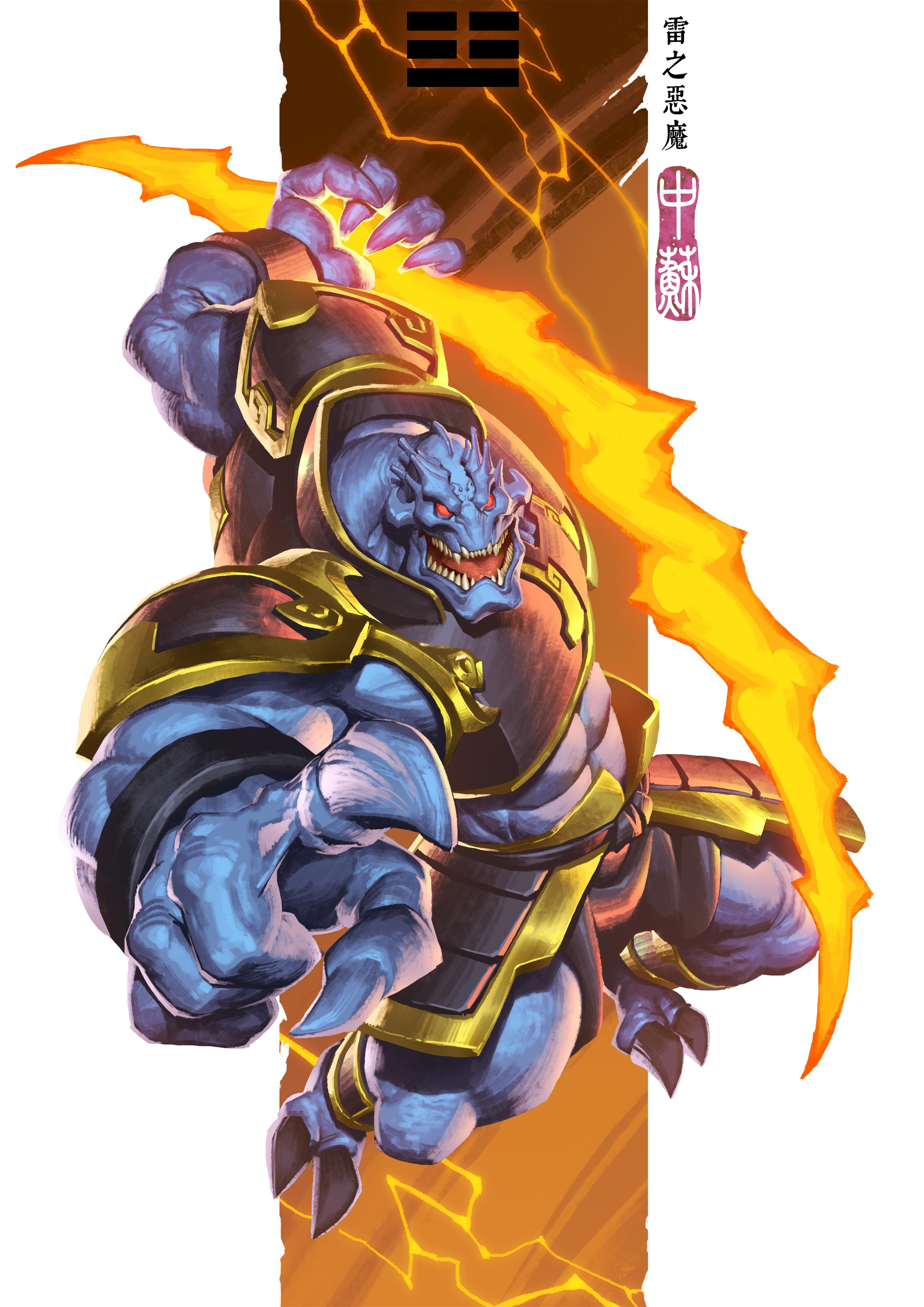 jackie chan adventures, absurdres, chinese commentary, commentary request, highres, 1boy, abs, angry, armor, bald, black claws, black shorts, blue claws, blue skin, bracelet, breastplate, clawed feet, clawed hands, colored skin, fangs, faulds, fighting stance, full body, gold trim, head spikes, holding lightning bolt, jewelry, jumping, looking at viewer, muscular, muscular male, pointing, pointing at viewer, qijinsong, red eyes, shorts, solid eyes, solo, tchang zu