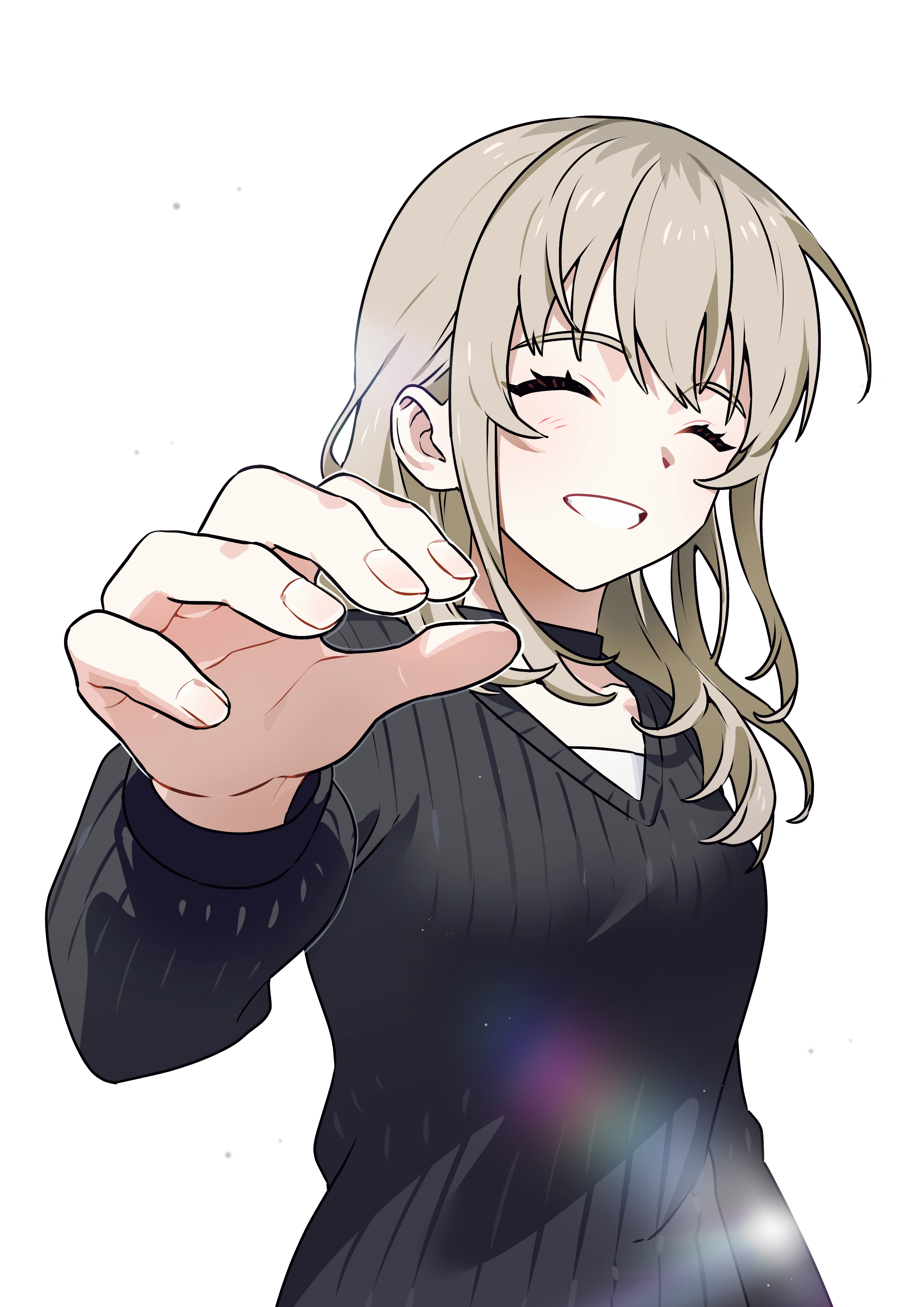 habsida (habsida hpy), kawaragi momoka, girls band cry, absurdres, commentary request, highres, 1girl, black choker, black sweater, blush, choker, closed eyes, grey hair, grin, light particles, long sleeves, reaching, reaching towards viewer, simple background, smile, solo, sweater, white background