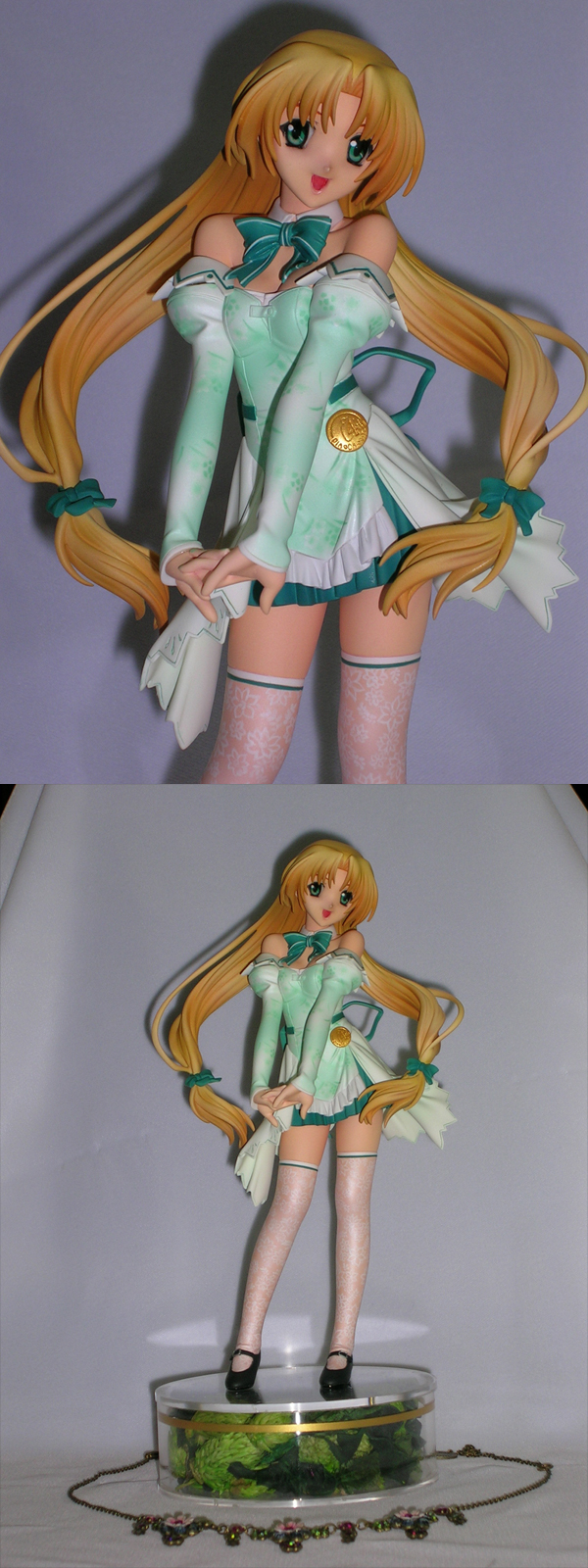 fuyuki miharu, pia carrot (series), pia carrot e youkoso!!, pia carrot e youkoso!! 3, lace-trimmed legwear, highres, long image, photo (medium), tall image, 1990s (style), 1girl, :d, badge, bare shoulders, blonde hair, bow, bowtie, breasts, button badge, cleavage, contrapposto, cowboy shot, detached collar, detached sleeves, dress, figure, floral print, full body, green eyes, hair bow, happy, interlocked fingers, lace, lace trim, long hair, looking at viewer, low-tied long hair, low twintails, mary janes, miniskirt, multiple views, open mouth, own hands together, parted bangs, pleated skirt, puffy detached sleeves, puffy sleeves, retro artstyle, ribbon, shadow, shoes, short dress, simple background, skirt, small breasts, smile, standing, thighhighs, twintails, v arms, very long hair, waitress, white background, white thighhighs