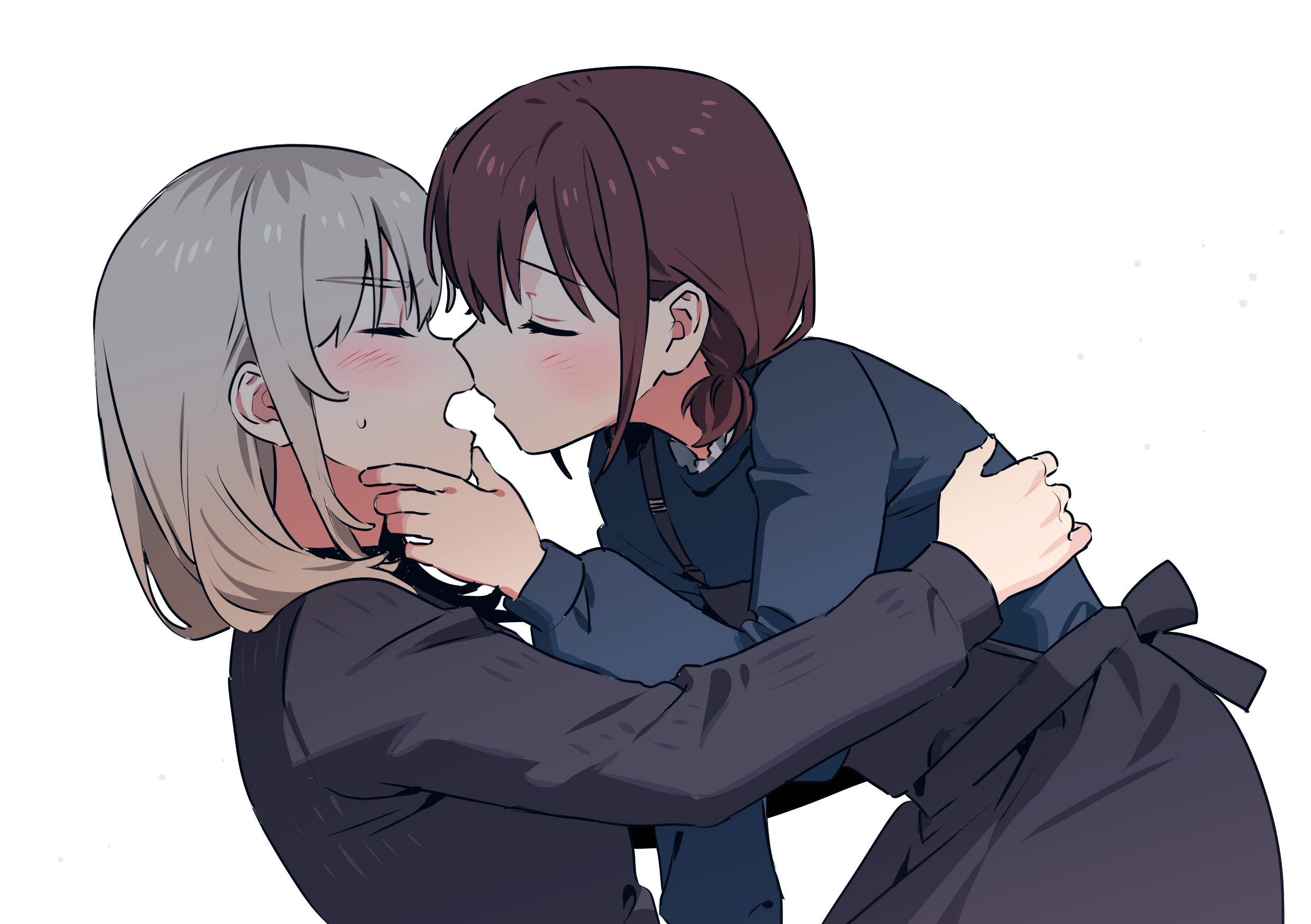 habsida (habsida hpy), iseri nina, kawaragi momoka, girls band cry, commentary request, highres, 2girls, black skirt, black sweater, blue shirt, blush, grey hair, hand on another's chin, imminent kiss, long hair, long sleeves, multicolored hair, multiple girls, open mouth, red hair, roots (hair), shirt, short twintails, simple background, skirt, suspender skirt, suspenders, sweater, twintails, white background, yuri