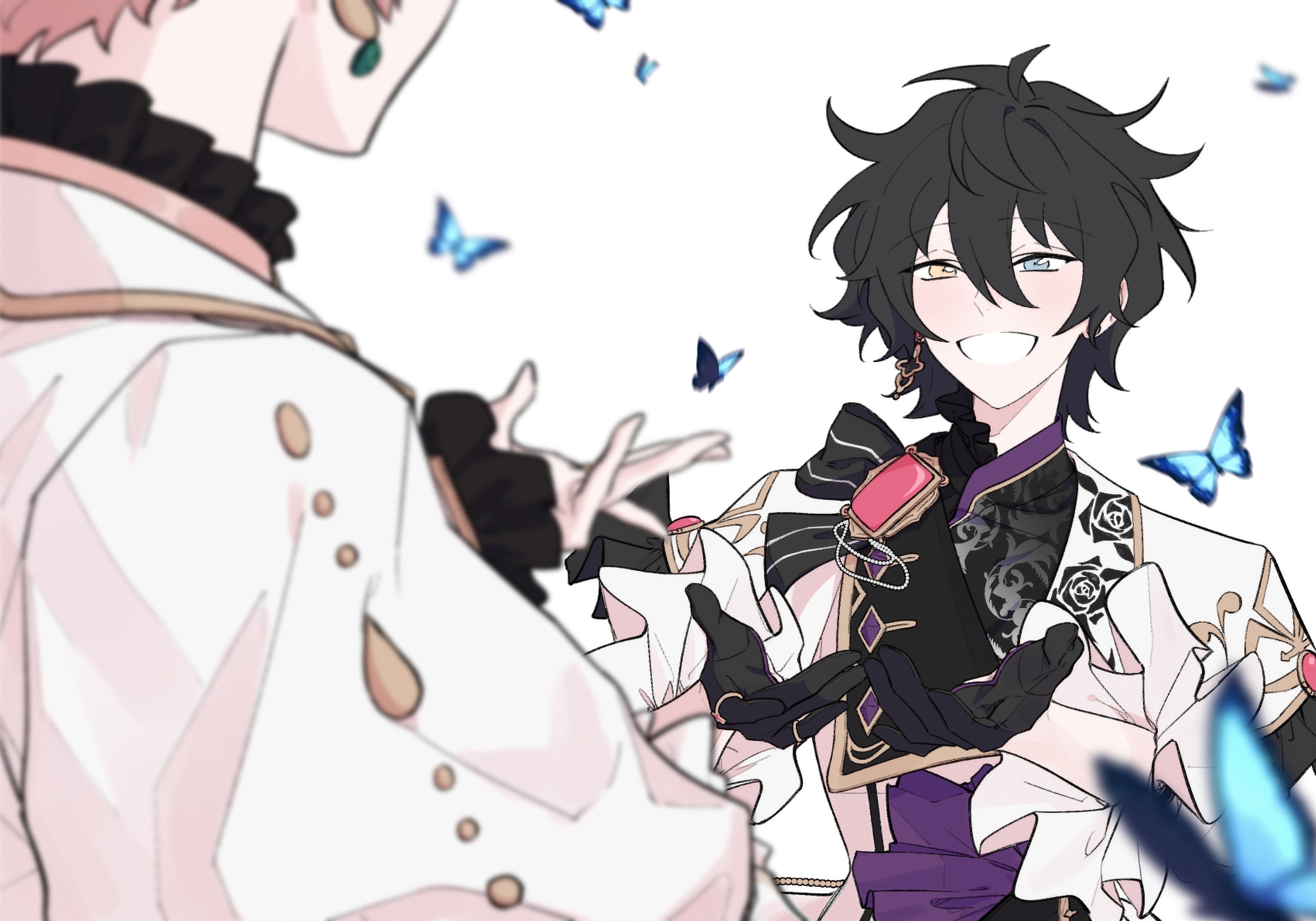 seogil, itsuki shu, kagehira mika, ensemble stars!, absurdres, commentary request, highres, korean commentary, 2boys, black gloves, black hair, blue butterfly, blue eyes, bug, butterfly, earrings, floral print, gloves, hair between eyes, hermitage (ensemble stars!), heterochromia, insect, jewelry, le temps des fleurs (ensemble stars!), long sleeves, male focus, multiple boys, official alternate costume, outstretched hand, pink hair, ring, short hair, smile, upper body, white background, yellow eyes