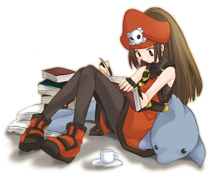 may (guilty gear), arc system works, guilty gear, 1girl, book, brown hair, cup, dolphin, female focus, gloves, hat, orange hat, orange shirt, pantyhose, pirate, shirt, skull and crossbones, solo, studying, stuffed animal, stuffed toy, teacup