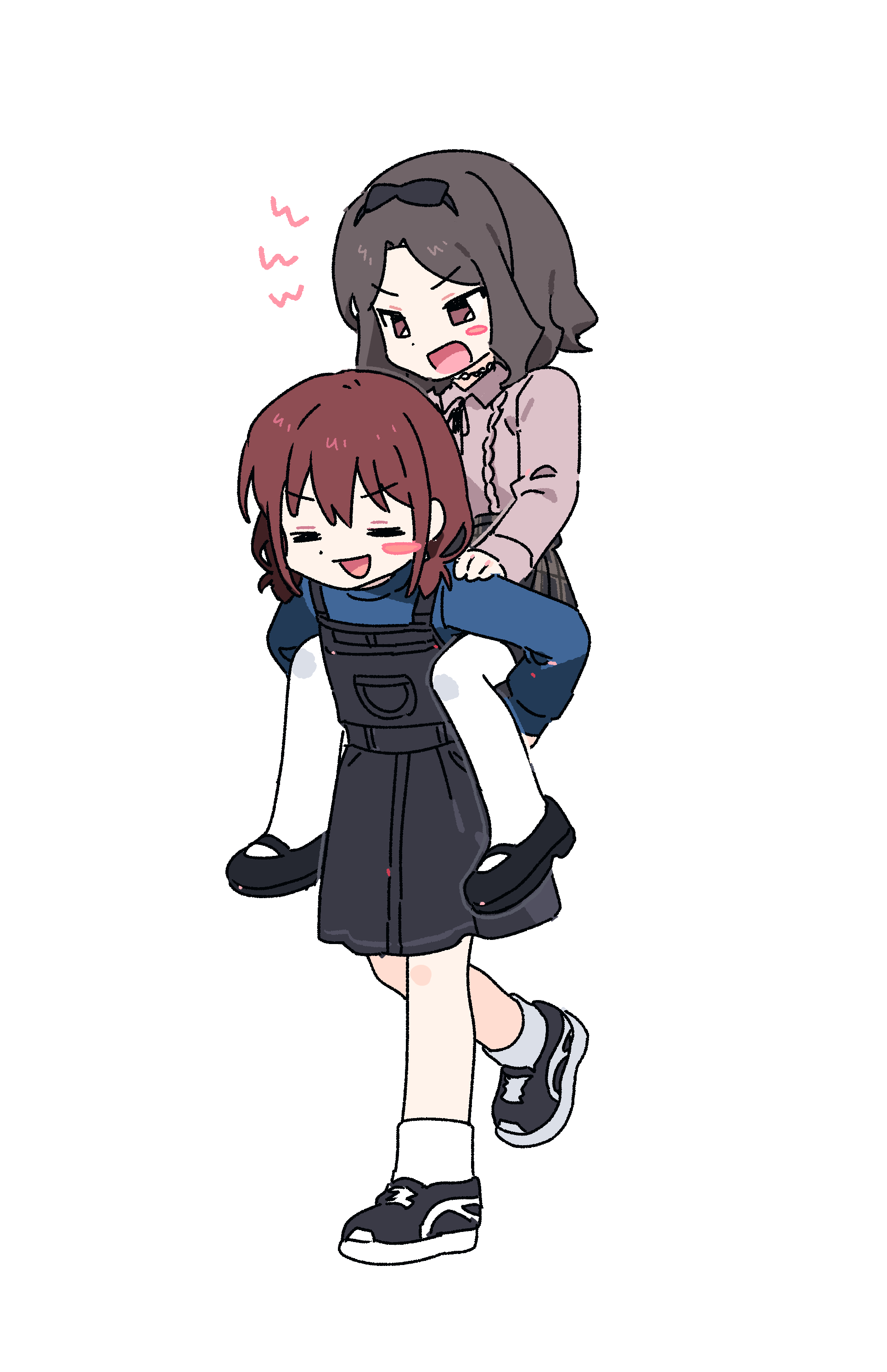 habsida (habsida hpy), ebizuka tomo, iseri nina, girls band cry, absurdres, commentary request, highres, 2girls, black hairband, black shoes, black skirt, blue shirt, bow hairband, brown eyes, brown hair, carrying, closed eyes, hairband, long sleeves, medium hair, multiple girls, open mouth, pantyhose, piggyback, pink shirt, red hair, shirt, shoes, short twintails, simple background, skirt, smile, socks, suspender skirt, suspenders, twintails, white background, white pantyhose, white socks