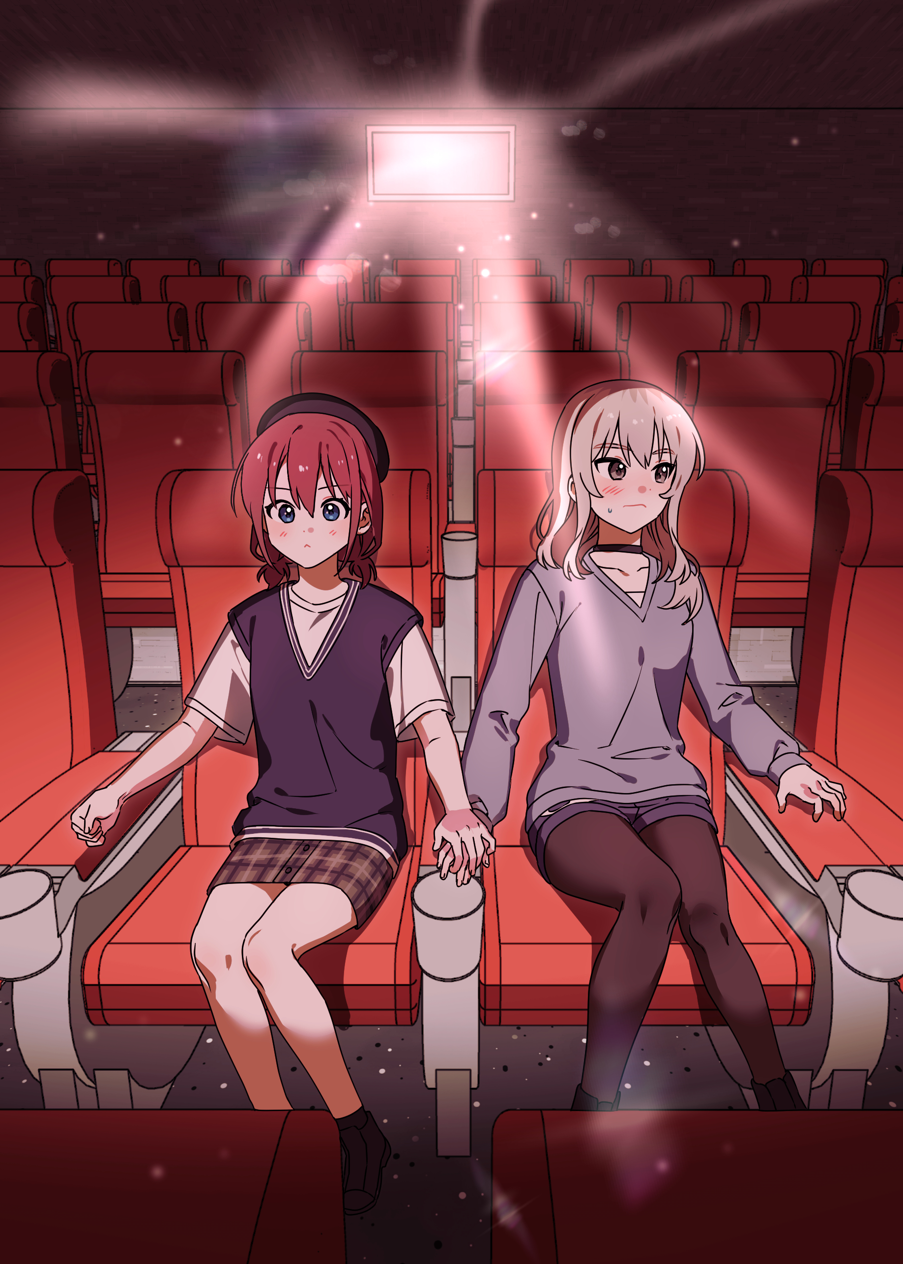 habsida (habsida hpy), iseri nina, kawaragi momoka, girls band cry, absurdres, commentary request, highres, 2girls, black choker, black pantyhose, black shorts, blue eyes, blue sweater vest, blush, choker, closed mouth, diffraction spikes, grey eyes, grey hair, grey sweater, holding hands, long hair, long sleeves, movie theater, multiple girls, pantyhose, plaid clothes, plaid skirt, red hair, shirt, short sleeves, short twintails, shorts, sitting, skirt, sweater, sweater vest, twintails, white shirt, yuri