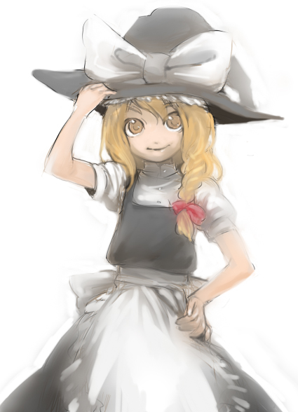 ameiro, kirisame marisa, touhou, 1girl, blonde hair, braid, dress, female focus, hand on headwear, hat, side braid, solo, white background, witch, witch hat, yellow eyes