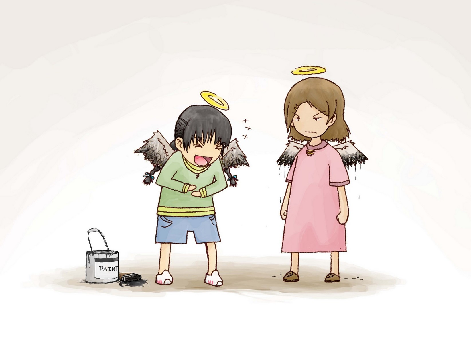 nemu (haibane renmei), reki (haibane renmei), haibane renmei, highres, 00s, angel wings, braid, halo, laughing, paint, short twintails, traditional halo, twin braids, twintails, wings