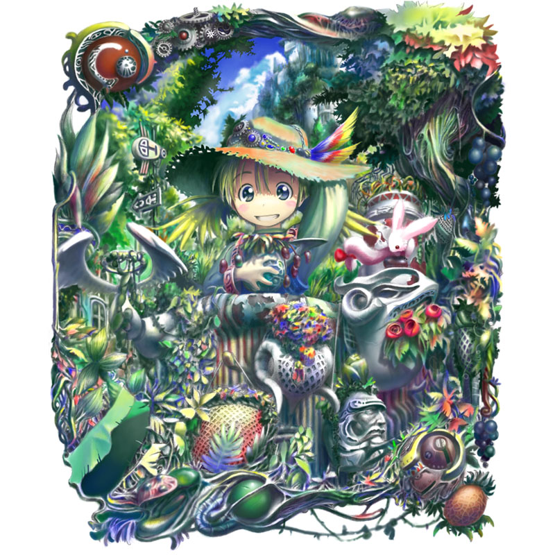 tsukushi akihito, original, animal, day, feathers, garden, green hair, grin, hat, outdoors, scenery, short hair, smile, solo, standing