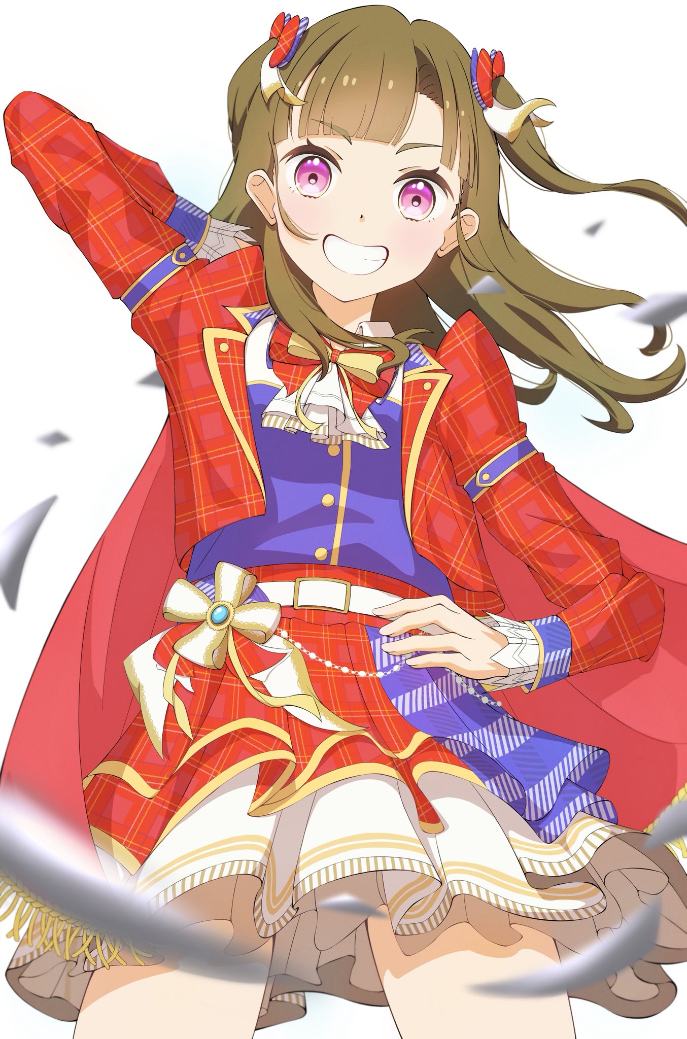 fury 197, kachimachi kosuzu, link! like! love live!, love live!, commentary request, highres, 1girl, arm up, blue vest, blunt bangs, brown hair, collared shirt, dress shirt, hand on own hip, jacket, legs apart, long hair, long sleeves, looking at viewer, miniskirt, official alternate costume, open clothes, open jacket, pink eyes, plaid clothes, plaid jacket, plaid skirt, red jacket, red skirt, shirt, skirt, solo, standing, taiyou de are!, two side up, vest, virtual youtuber, white shirt