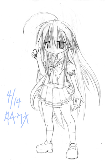 setono tachiuo, izumi konata, lucky star, 00s, 1girl, female focus, greyscale, long hair, mole, mole under eye, monochrome, school uniform, serafuku, sketch, solo