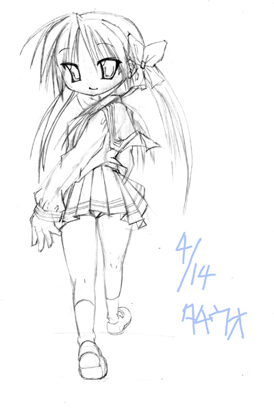 setono tachiuo, hiiragi kagami, lucky star, 00s, greyscale, monochrome, school uniform, serafuku, sketch, solo, tsurime