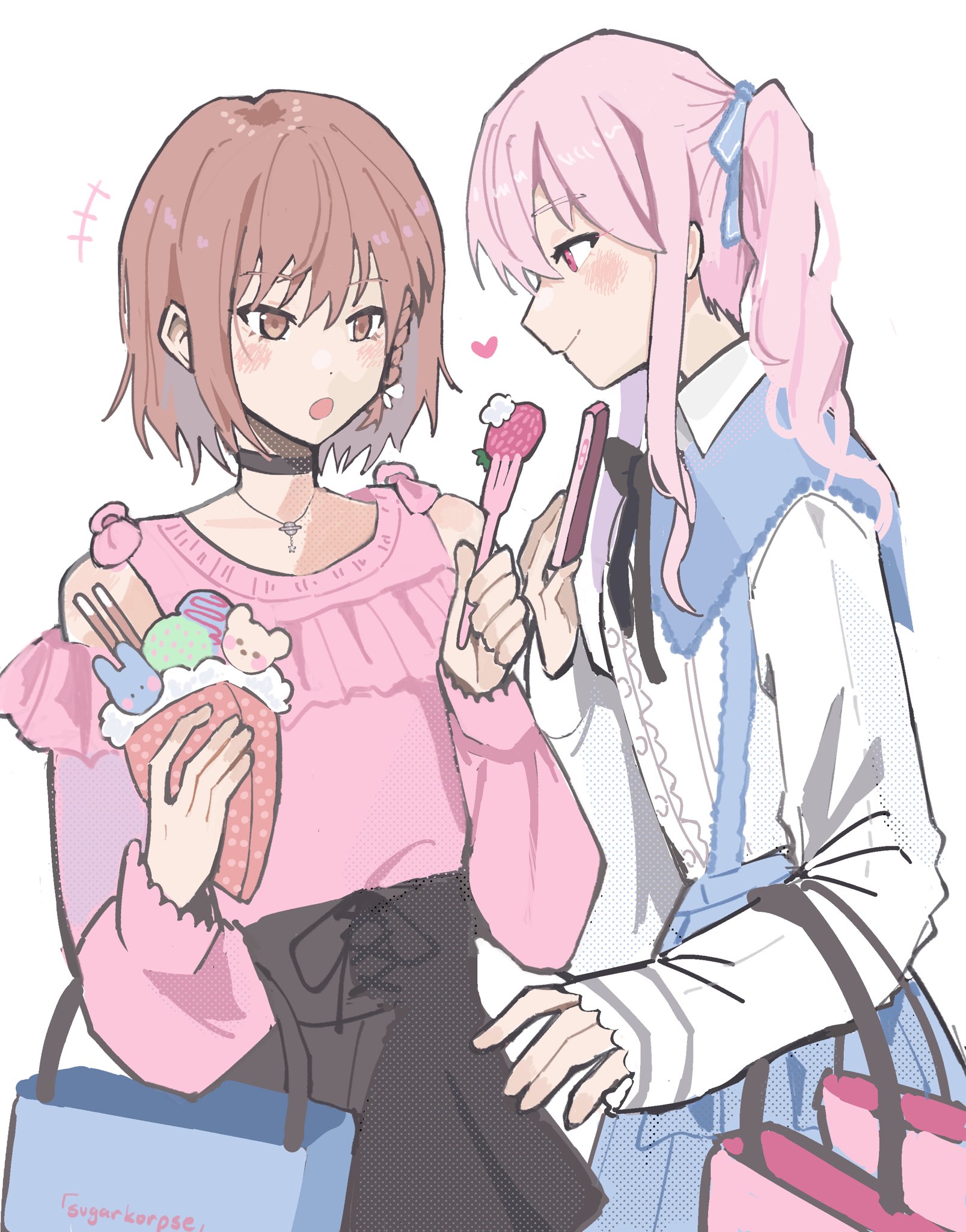 sugarkorpse, akiyama mizuki, shinonome ena, project sekai, commentary, english commentary, highres, +++, 1girl, 1other, androgynous, bag, black bow, black choker, blush, bob cut, bow, brown eyes, brown hair, buttons, choker, closed mouth, dot nose, food, fork, fruit, hands up, holding, holding food, holding fork, holding phone, jewelry, long hair, long sleeves, necklace, open mouth, phone, pink eyes, pink hair, ponytail, shopping bag, short hair, sidelocks, simple background, smile, strawberry, sweets, white background
