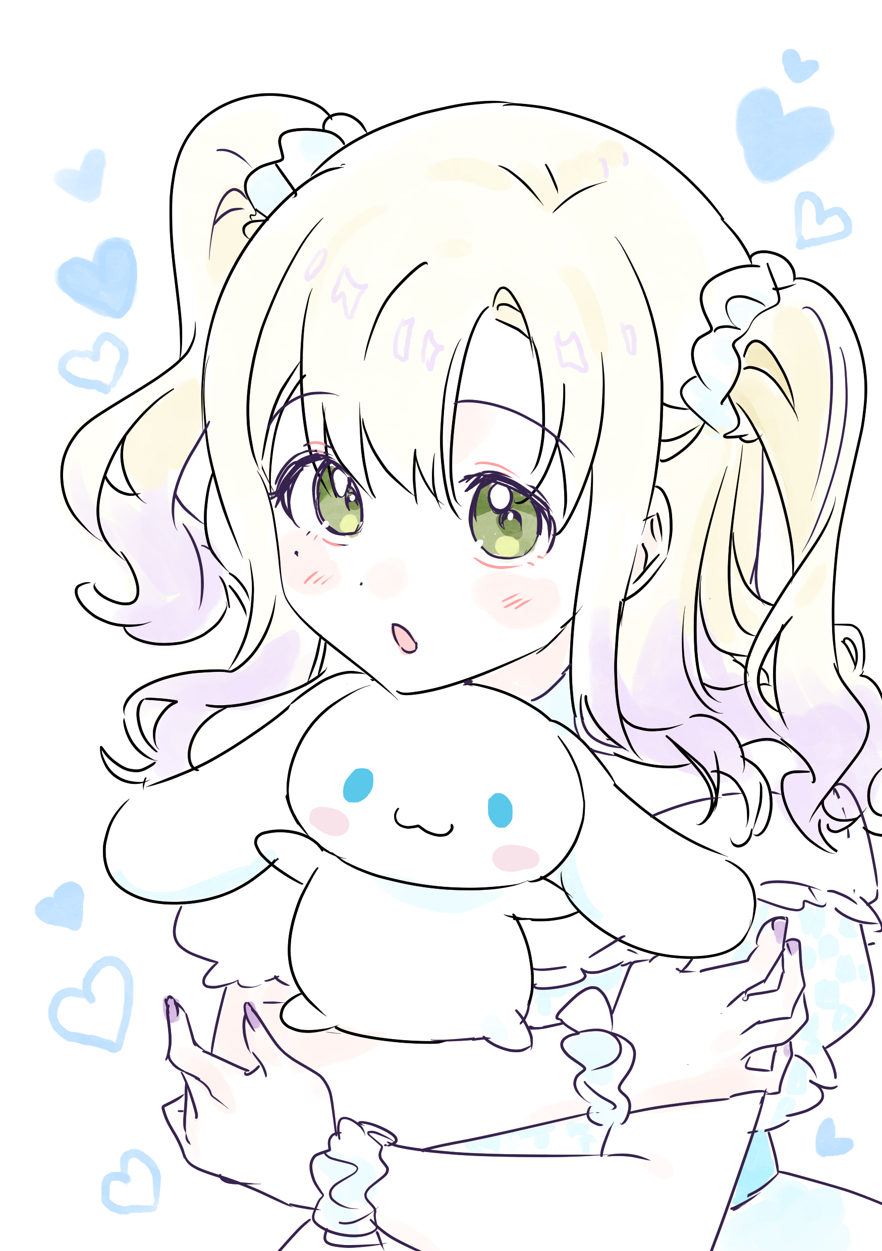 habsida (habsida hpy), ai (girls band cry), cinnamoroll, fuwa fuwa cinnamoroll, girls band cry, sanrio, absurdres, commentary request, highres, 1girl, blonde hair, blush, gradient hair, green eyes, heart, looking at viewer, multicolored hair, open mouth, purple hair, purple nails, scrunchie, smile, solo, twintails, upper body, wrist scrunchie