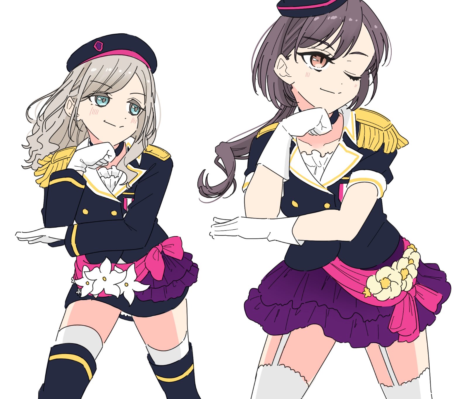 llkapital, ceras yanagida lilienfeld, katsuragi izumi, kira tsubasa, yuki anju, link! like! love live!, love live!, love live! school idol project, commentary, english commentary, highres, 2girls, ;), black choker, black hair, black hat, black jacket, black skirt, blue eyes, brown eyes, buttons, choker, closed mouth, collarbone, cosplay, double-breasted, edel note, epaulettes, frilled skirt, frills, grey hair, hat, jacket, kira tsubasa (cosplay), legs apart, long hair, miniskirt, multiple girls, one eye closed, purple skirt, shirt, shocking party, short-sleeved jacket, short sleeves, simple background, single epaulette, skirt, slit pupils, smile, split mouth, thighhighs, virtual youtuber, white background, white shirt, white thighhighs, wolf cut, yuki anju (cosplay)