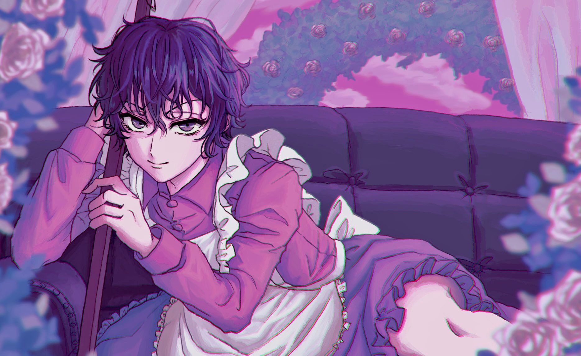mizuki hajime, tennis no ouji-sama, highres, 1boy, apron, arch, blurry, broom, chromatic aberration, collared shirt, couch, cowboy shot, crossdressing, crossdressing (mtf), curtains, depth of field, flower, frilled apron, frilled skirt, frills, hair between eyes, holding, holding broom, long sleeves, maid, maid apron, male focus, male maid, official alternate costume, on couch, pale skin, pink shirt, pink sky, pink theme, purple eyes, purple hair, purple skirt, purple theme, rose, rose bush, ryo 1293, shirt, short hair, skirt, sky, smile, solo, topiary, v-shaped eyebrows, wavy hair, white apron, white flower, white rose, wispy bangs