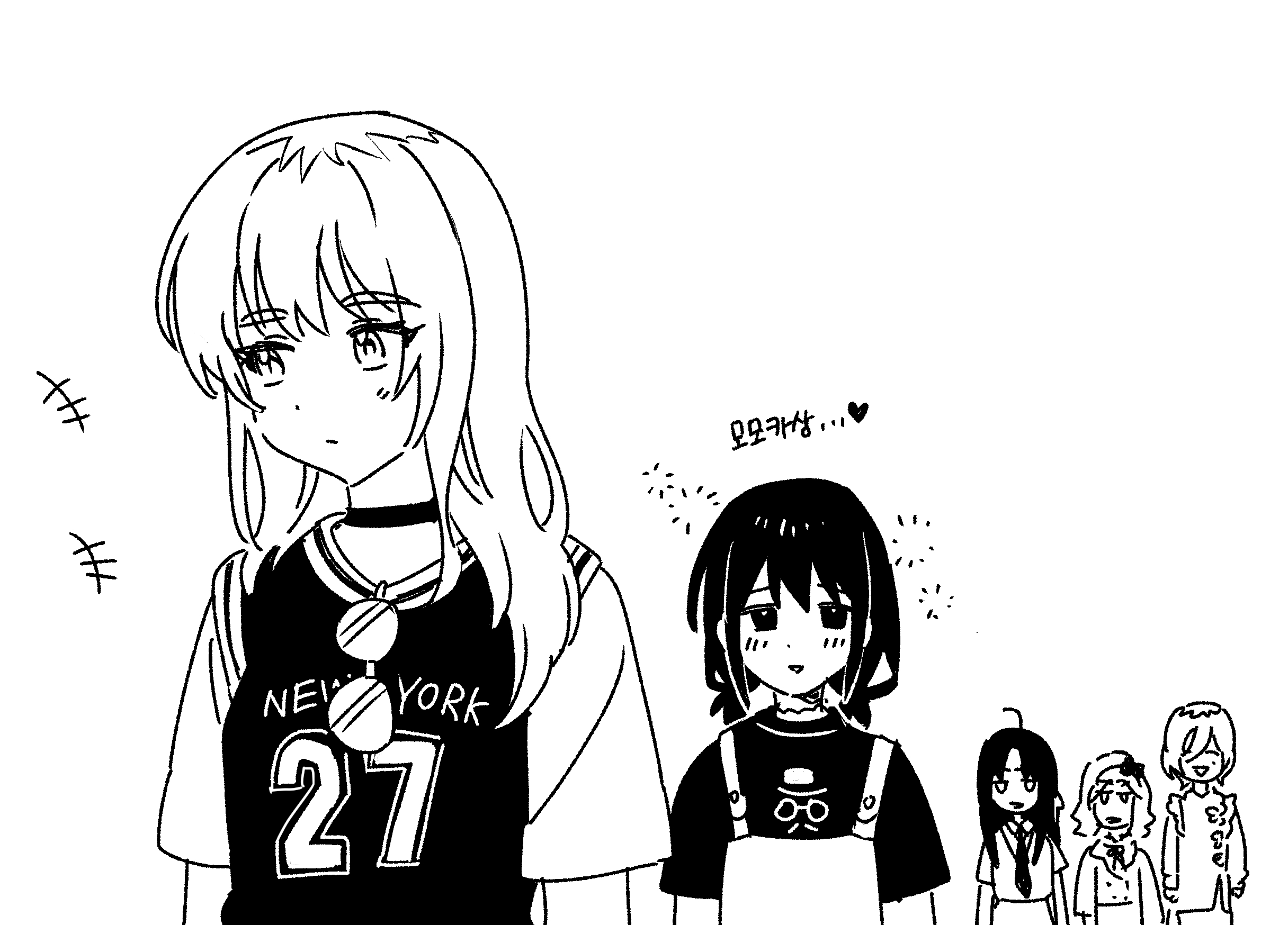 habsida (habsida hpy), awa subaru, ebizuka tomo, iseri nina, kawaragi momoka, rupa (girls band cry), girls band cry, commentary request, highres, translation request, 5girls, choker, eyewear hang, greyscale, jersey, korean text, long hair, mole, mole under eye, monochrome, multicolored hair, multiple girls, necktie, open mouth, roots (hair), short hair, smile, squeans, sunglasses, togenashi togeari, unworn eyewear, upper body