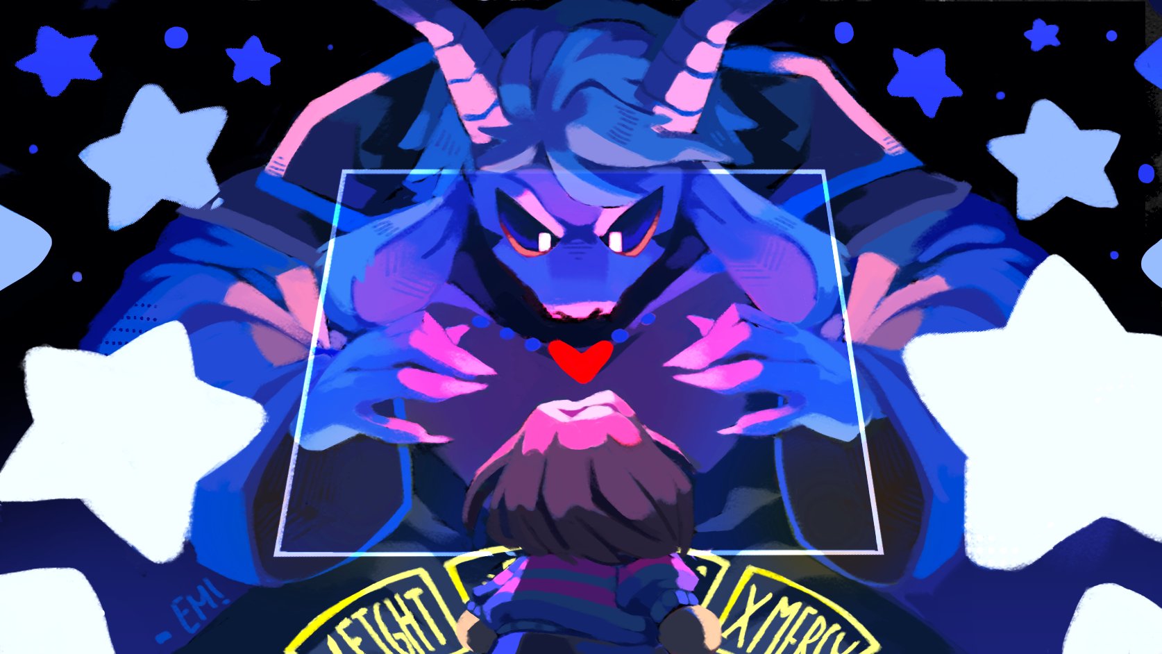 asriel dreemurr, asriel dreemurr (god of hyperdeath), frisk (undertale), undertale, utdr (toby fox), commission, highres, 1boy, 1other, black background, black sclera, blue shirt, brown hair, colored sclera, em! (1 em 6), gameplay mechanics, glowing, glowing heart, goat boy, goat horns, heart, horns, long horns, male focus, medium hair, purple robe, robe, shirt, short hair, spanish commentary, star (symbol), striped clothes, striped shirt, tsurime, v-shaped eyebrows, white eyes, white fur, white hair