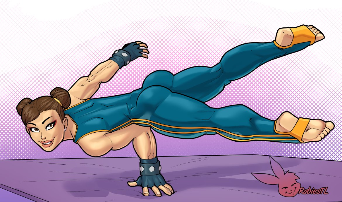 rabies-t-lagomorph, chun-li, capcom, street fighter, street fighter zero (series), 1girl, artist logo, artist name, ass, blue bodysuit, blue gloves, bodysuit, brown eyes, brown hair, double bun, fingerless gloves, gloves, hair bun, logo, looking at viewer, sleeveless, sleeveless bodysuit, solo, stirrup legwear, toeless legwear