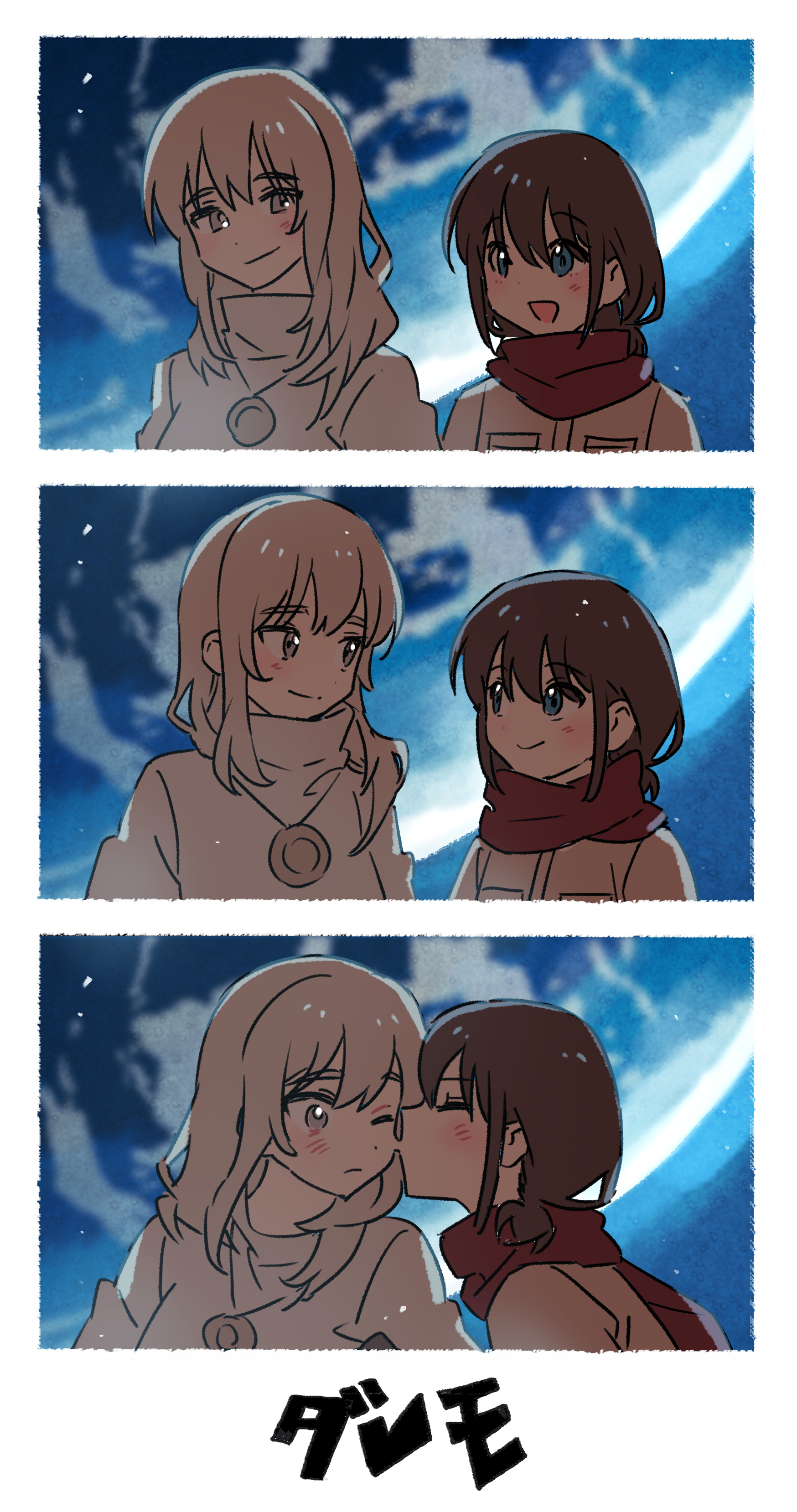 habsida (habsida hpy), iseri nina, kawaragi momoka, girls band cry, absurdres, commentary request, highres, 2girls, blue eyes, blush, brown hair, closed mouth, earth (planet), grey eyes, grey hair, jacket, jewelry, kiss, kissing cheek, looking at another, multiple girls, necklace, one eye closed, open mouth, planet, red scarf, scarf, short twintails, smile, sweater, turtleneck, turtleneck sweater, twintails, white jacket, white sweater, yuri