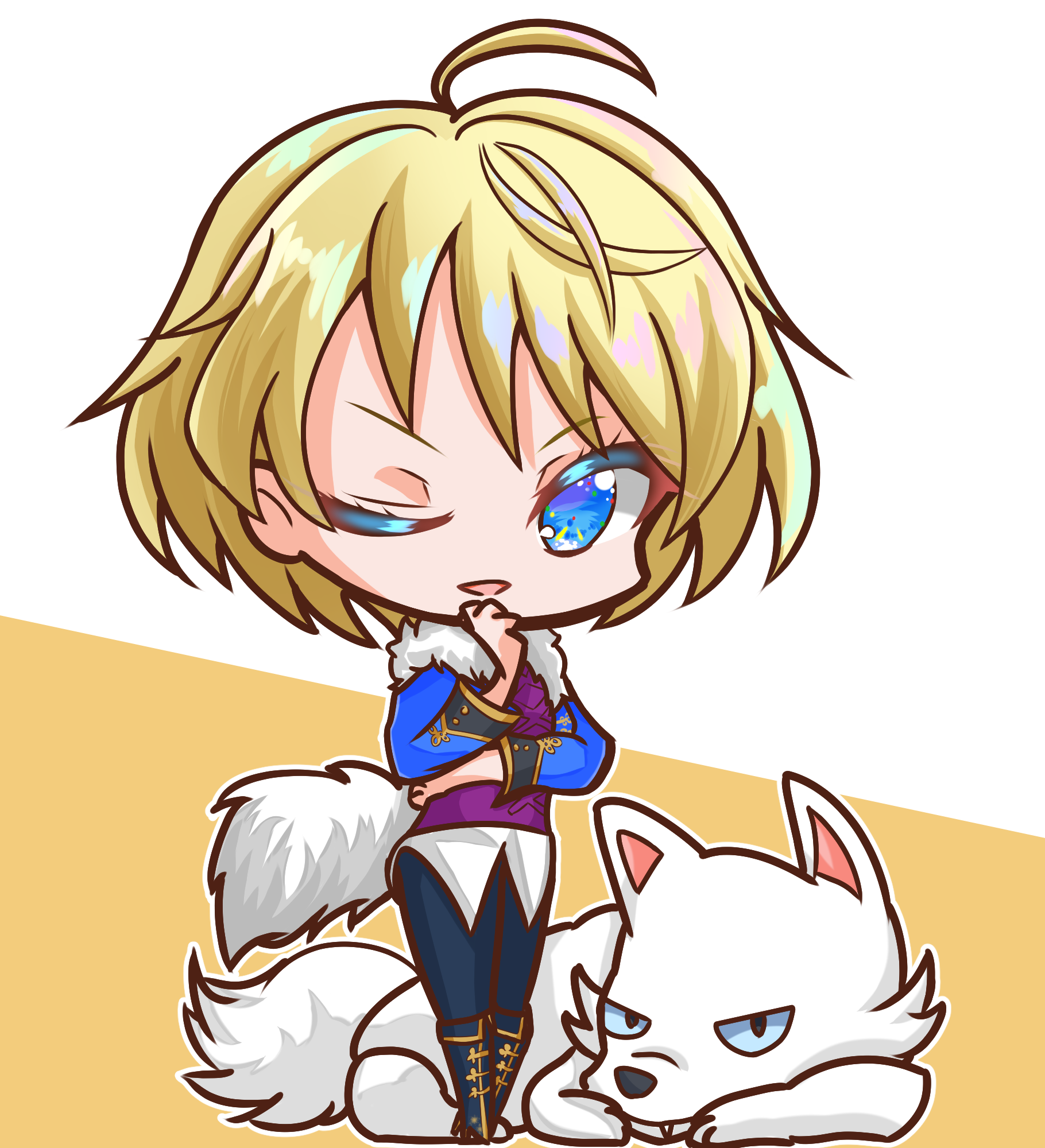 griffonmask11, merrin (fire emblem), fire emblem, fire emblem engage, nintendo, highres, 1girl, ahoge, ascot, black leggings, blonde hair, blue eyes, blue jacket, chibi, fake tail, fur trim, jacket, leggings, looking at viewer, purple shirt, shirt, short hair, tail, white ascot, wolf, wolf tail