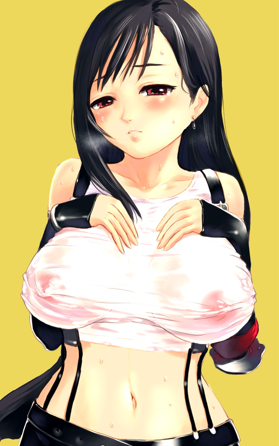 blapan, burapan, tifa lockhart, final fantasy, final fantasy vii, 1990s (style), 1girl, belt, black hair, blush, breast suppress, breasts, covered erect nipples, crop top, earrings, elbow gloves, embarrassed, female focus, fingerless gloves, gloves, hip focus, jewelry, large breasts, long hair, midriff, navel, nipples, no bra, red eyes, retro artstyle, see-through clothes, simple background, solo, suspenders, tank top, very long hair, wet, wet clothes, wide hips