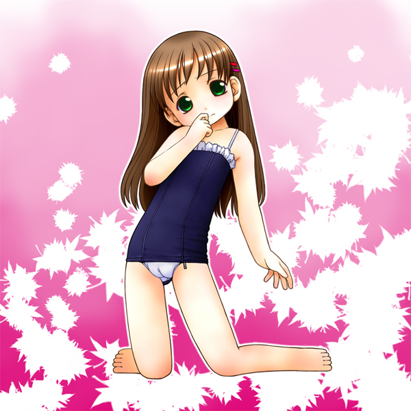 kusunoki masashige, brown hair, cameltoe, casual one-piece swimsuit, green eyes, hand to own mouth, kneeling, loli, one-piece swimsuit, solo, swimsuit
