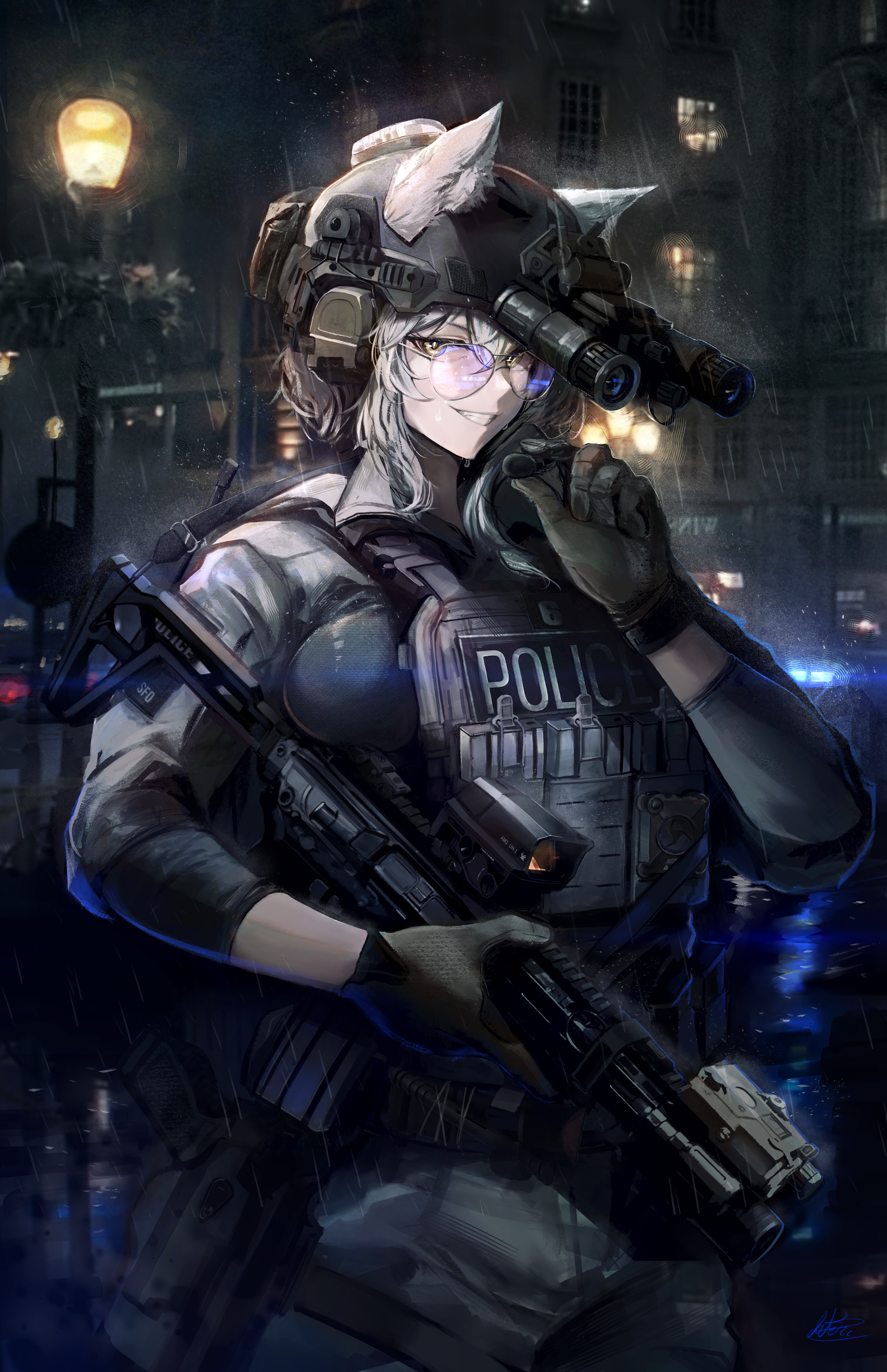 arktic, original, sig sauer, absurdres, commentary, english commentary, highres, 1girl, animal ears, assault rifle, aviator glasses, blurry, blurry background, brown gloves, brown helmet, building, bulletproof vest, car, clenched teeth, combat helmet, cowboy shot, ear protection, ears through headwear, fast helmet, glasses, glock, gloves, grey hair, grey pants, grey sweater, grin, gun, gun sling, handgun, headset, helmet, holding, holding gun, holding weapon, holster, holstered, lamppost, laser sight, lens flare, load bearing vest, long sleeves, looking at viewer, magazine (weapon), motor vehicle, night, night vision device, optical sight, outdoors, pants, police, police car, police siren, rain, rifle, short hair, sidelocks, sig mcx, signature, smile, solo, suppressor, sweater, syringe, tactical clothes, teeth, unit patch, united kingdom, weapon