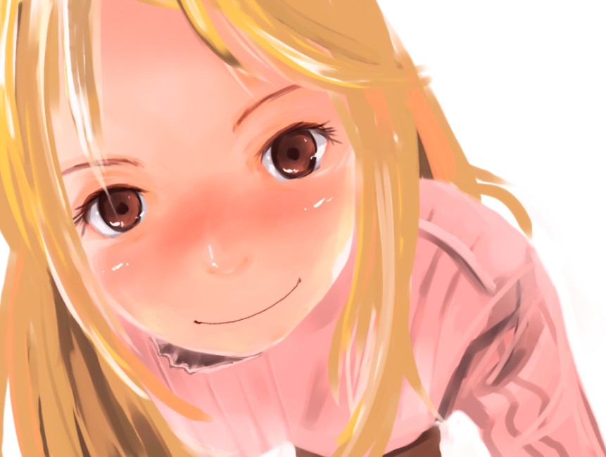 ueda sanagi, tagme, 1girl, blonde hair, brown eyes, female focus, smile, solo