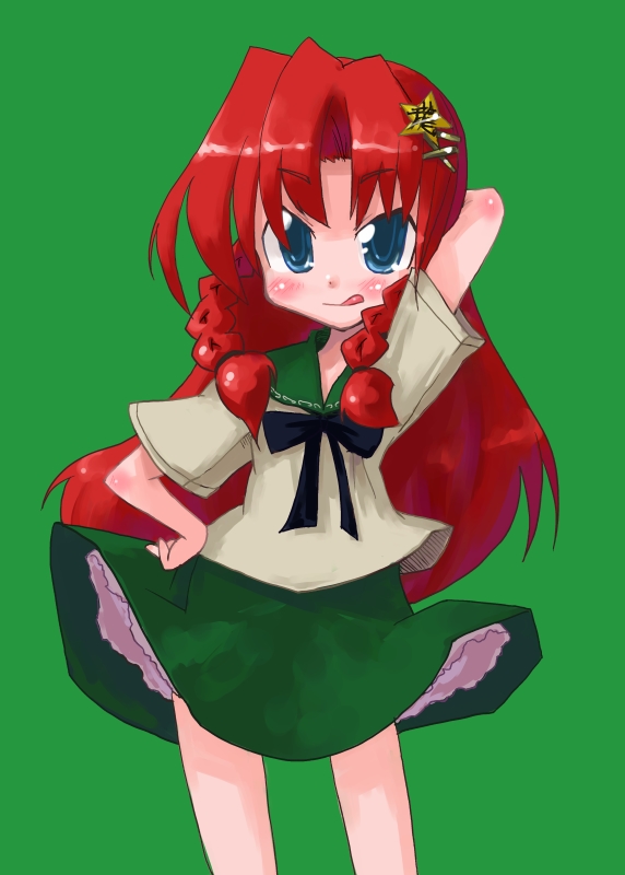 tao, tao (kadoya), hong meiling, touhou, 1girl, :p, arms up, blue eyes, blush, braid, cowboy shot, female focus, green background, green eyes, green skirt, looking at viewer, red hair, sailor collar, school uniform, serafuku, simple background, skirt, solo, standing, tongue, tongue out, twin braids