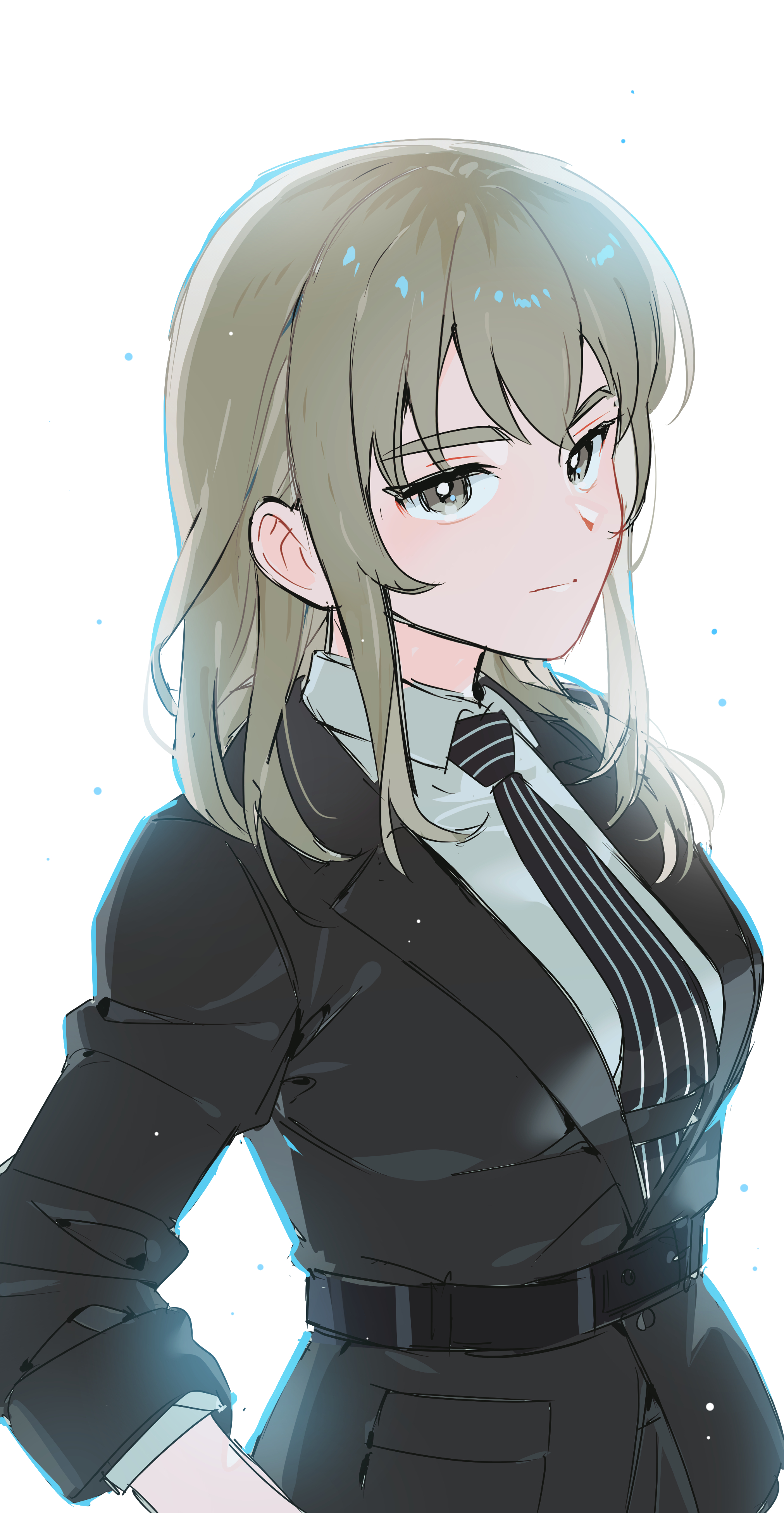 habsida (habsida hpy), kawaragi momoka, girls band cry, absurdres, commentary request, highres, 1girl, black jacket, black necktie, closed mouth, collared shirt, grey eyes, grey hair, jacket, long hair, long sleeves, looking at viewer, multicolored hair, necktie, roots (hair), shirt, simple background, solo, white background, white shirt