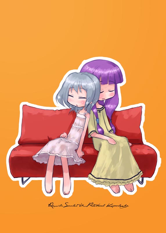 tao, tao (kadoya), patchouli knowledge, remilia scarlet, touhou, 2girls, couch, female focus, lingerie, multiple girls, nightgown, red upholstery, sleeping, underwear