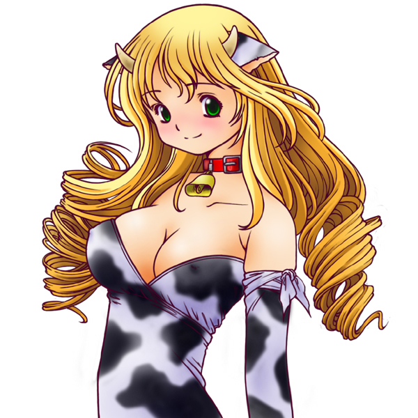 kusunoki masashige, 1girl, animal ears, animal print, bell, breasts, cleavage, cow ears, cow girl, cow print, cowbell, drill hair, female focus, horns, large breasts, neck bell, solo
