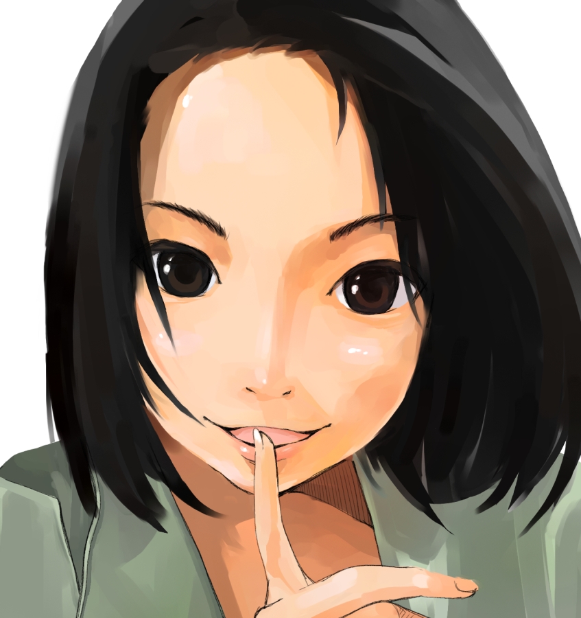 ueda sanagi, tagme, 1girl, black hair, brown eyes, female focus, simple background, solo, white background