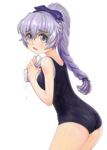 ikara, teletha testarossa, full metal panic!, 00s, 1girl, ass, black one-piece swimsuit, braid, female focus, one-piece swimsuit, school swimsuit, solo, swimsuit, tears